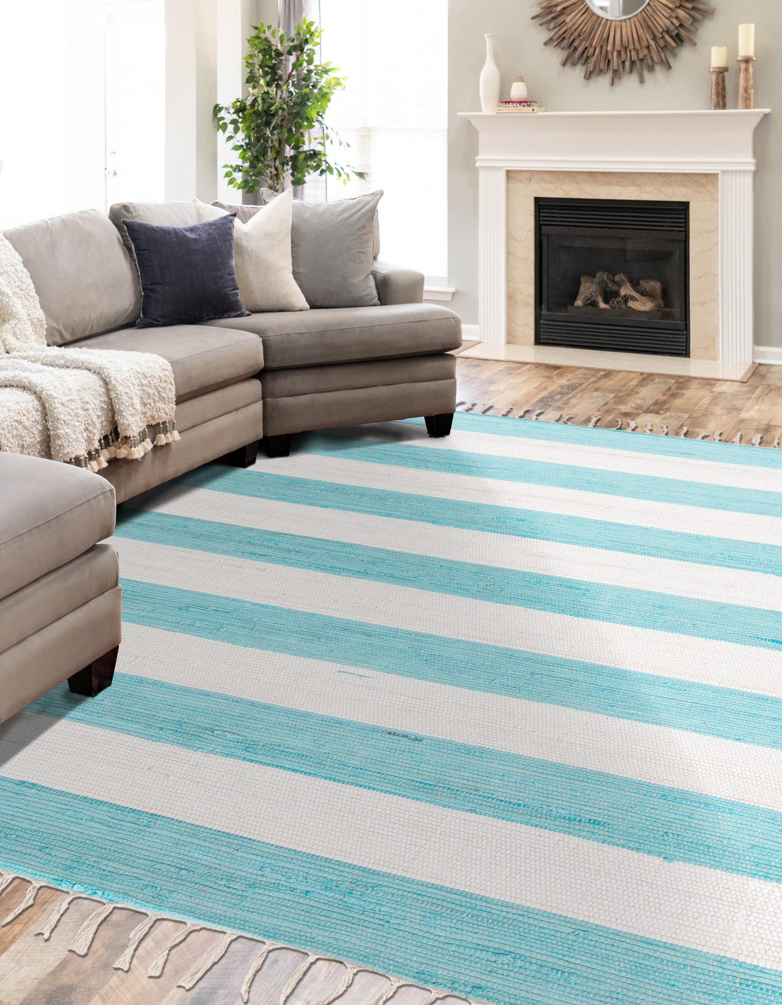 Turquoise and Ivory 2' 2 x 3' 1 Hand Woven Chindi Rag Rug | Rugs.com