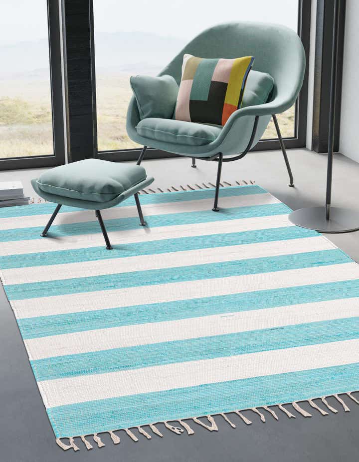 Turquoise and Ivory 2' 2 x 3' 1 Hand Woven Chindi Rag Rug | Rugs.com