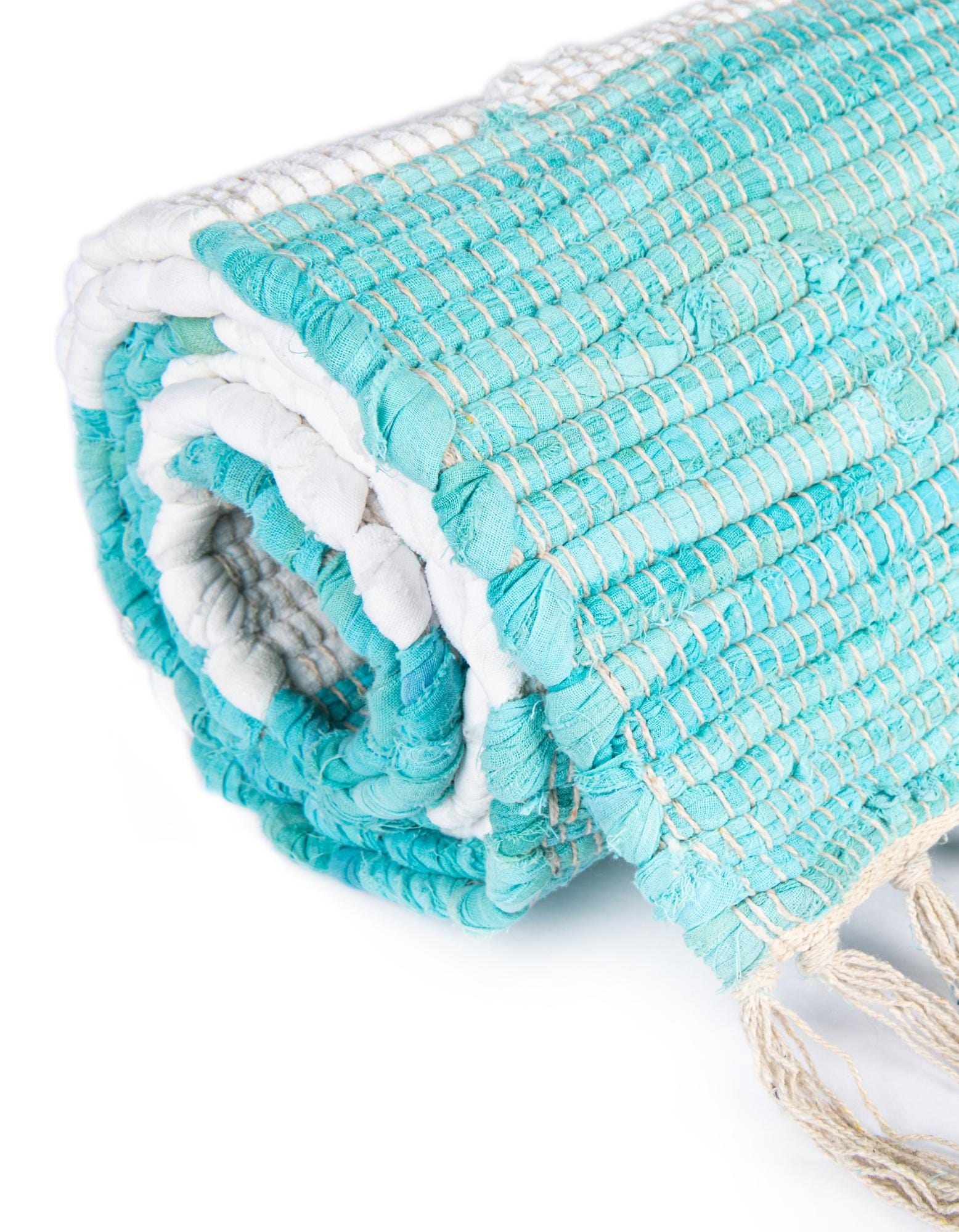 Turquoise and Ivory 2' 2 x 3' 1 Hand Woven Chindi Rag Rug | Rugs.com