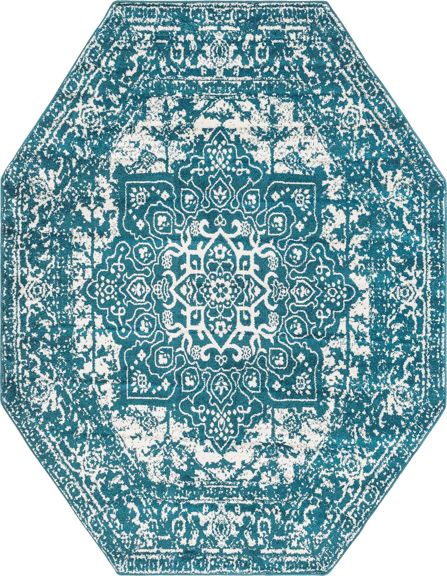 An octagon-shaped blue and white distressed medallion rug, featuring a traditional pattern with a vintage feel.