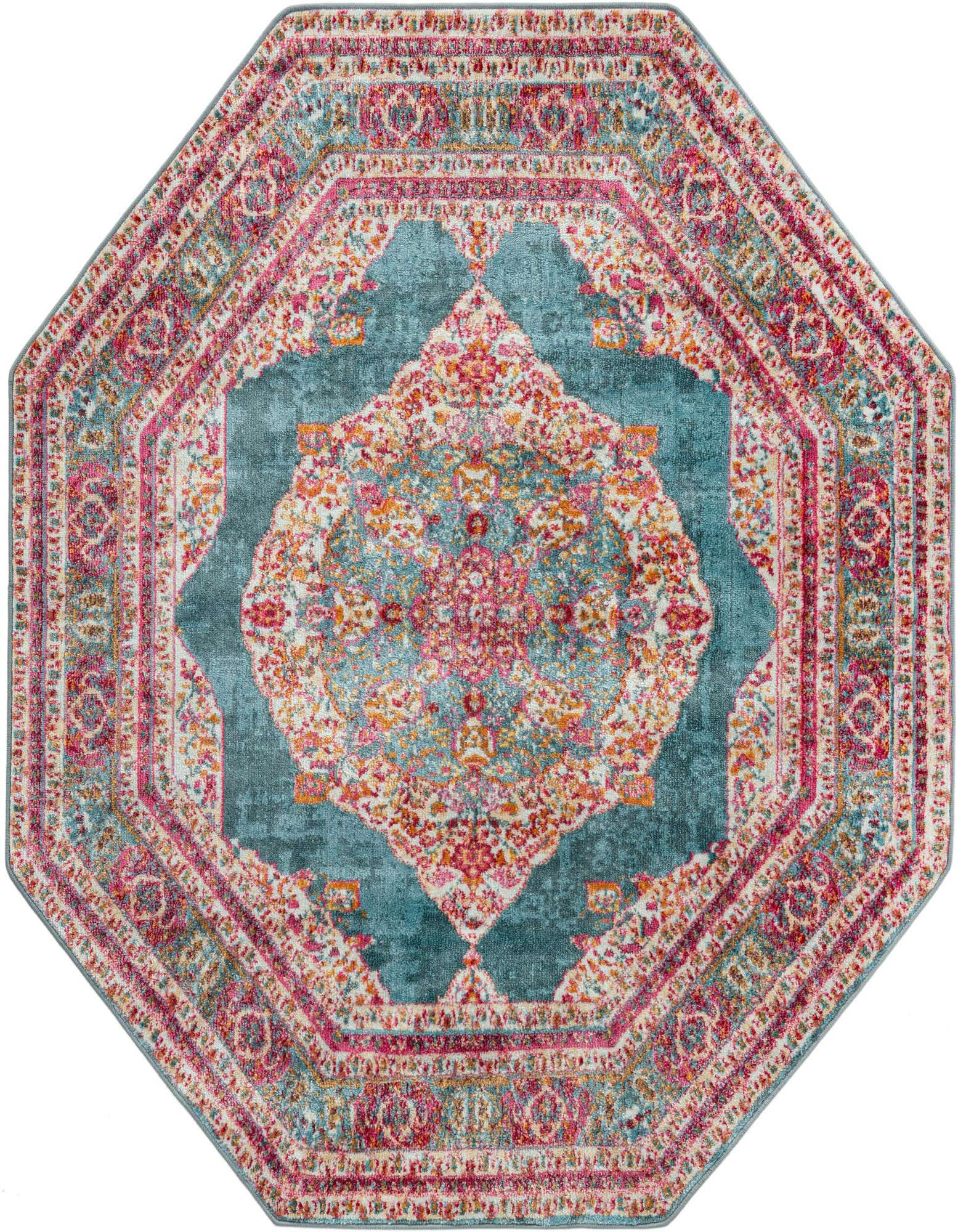 A 5' 0 x 5' 0 octagon rug featuring a vibrant blue medallion center with intricate pink, orange, and white bohemian patterns.