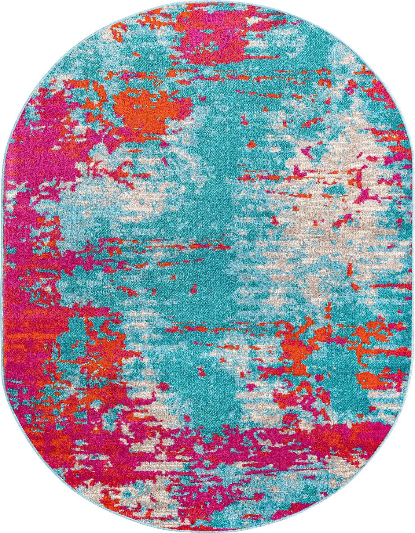 A 4' x 6' oval Azalea rug with an abstract pattern in shades of blue, hot pink, and orange.