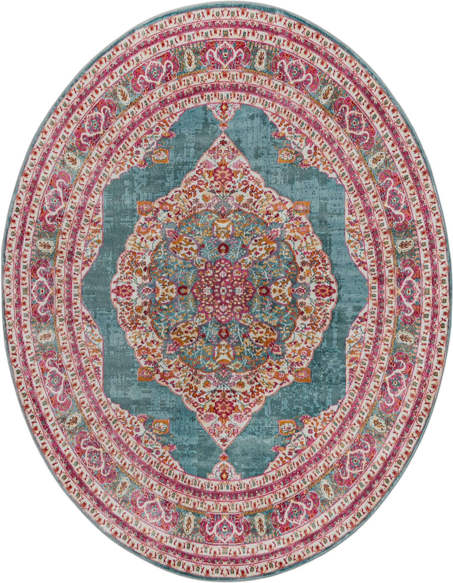 A vibrant 7' 10 x 10' 0 oval rug featuring a distressed blue background with a large, intricate medallion pattern in shades of pink, orange, and cream, surrounded by ornate borders.