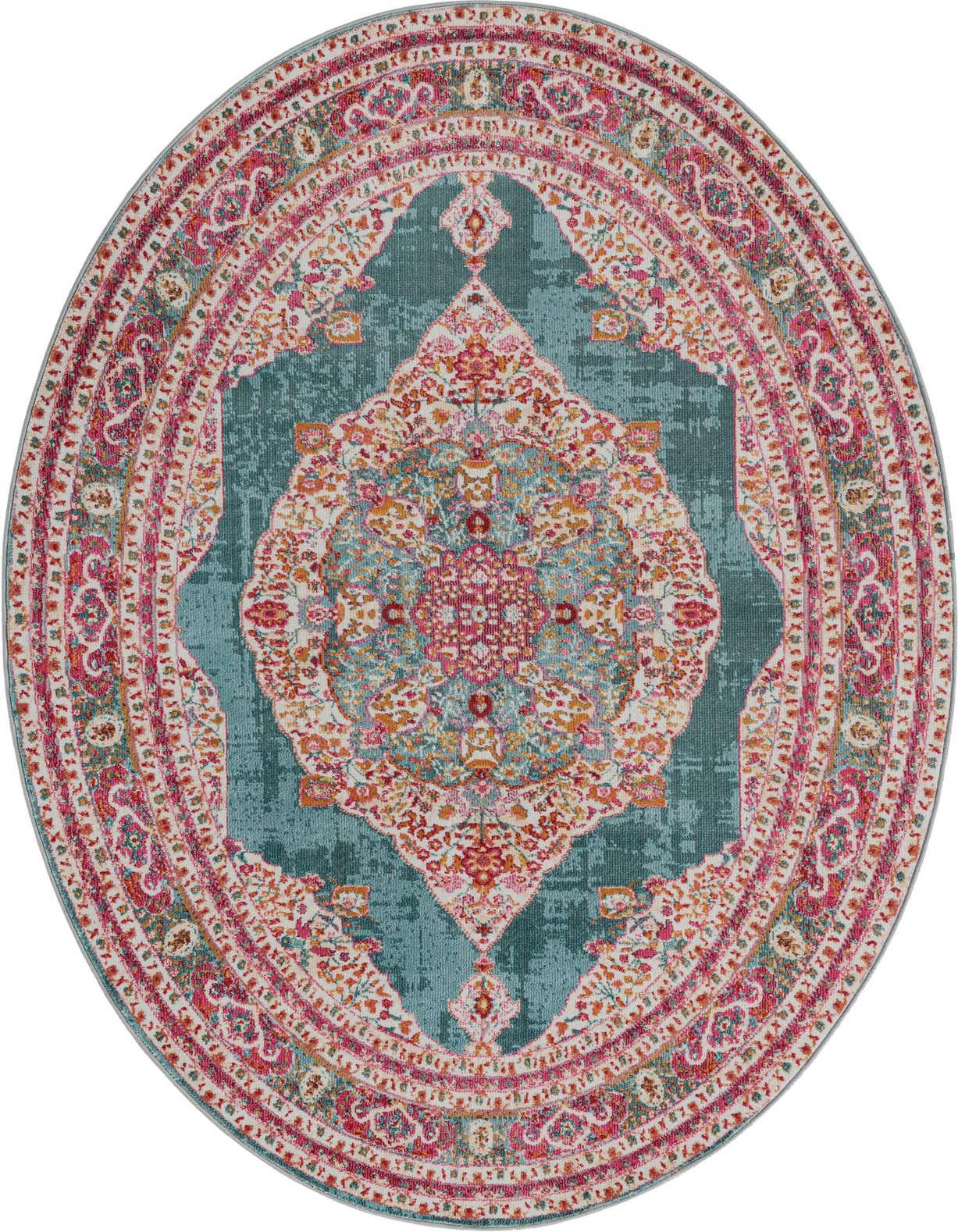 A vibrant 5' x 8' oval rug featuring a central medallion in blues, pinks, and oranges, with a detailed border, on a light blue background.