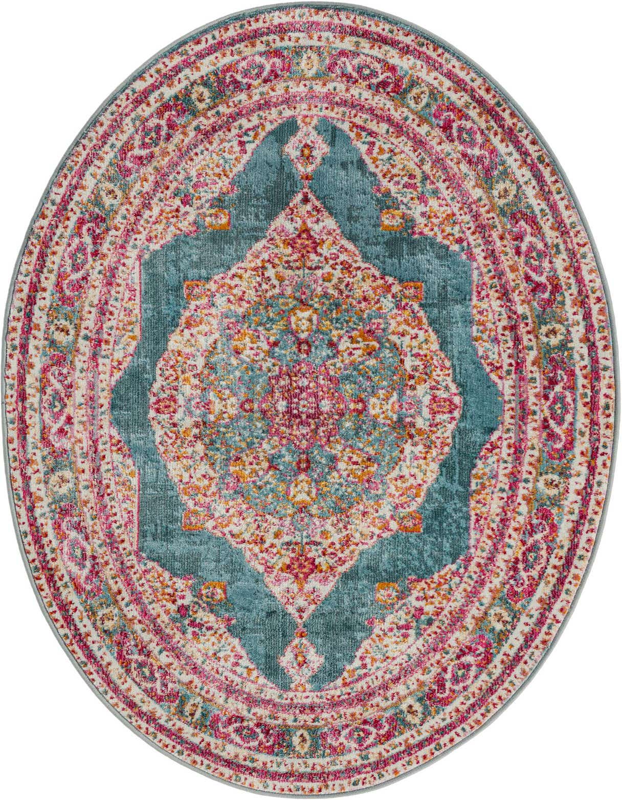 A 3' 3 x 5' 3 oval Santiago rug featuring a central medallion in vibrant blues, pinks, and oranges, surrounded by a detailed border.