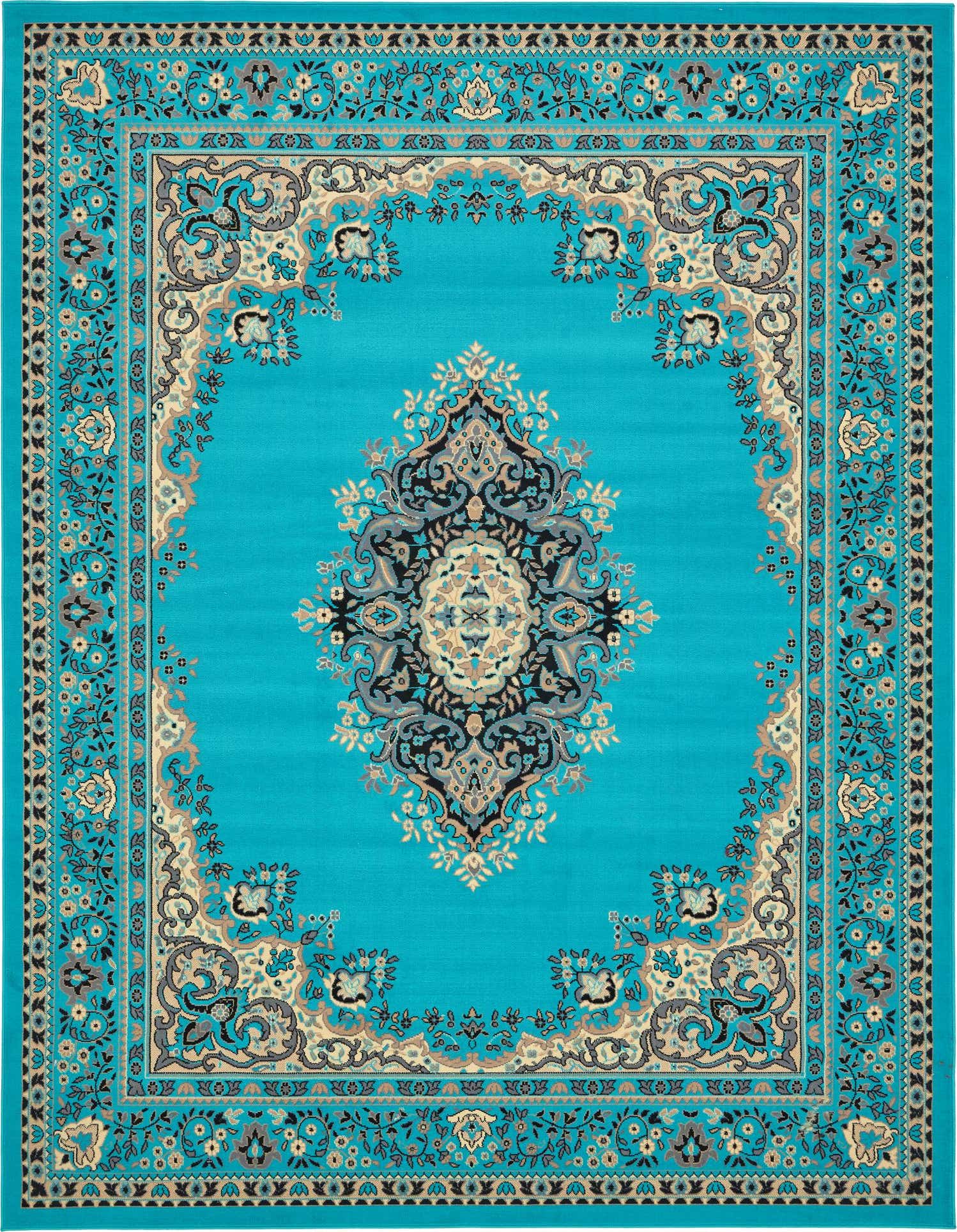 A 9x12 rectangular Amaya rug in vibrant blue, featuring a traditional oriental medallion design with intricate floral patterns in black, grey, and beige.
