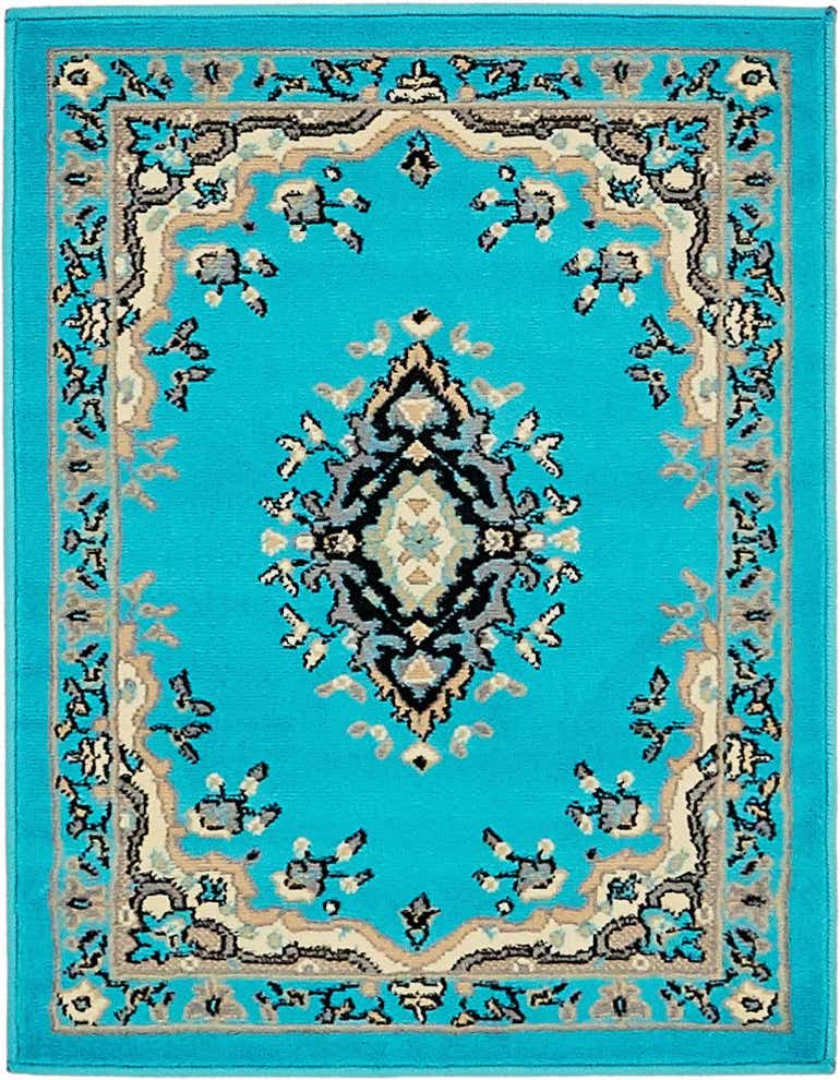 A 2x3 rectangular blue rug with a traditional oriental medallion pattern in cream, black, and grey.