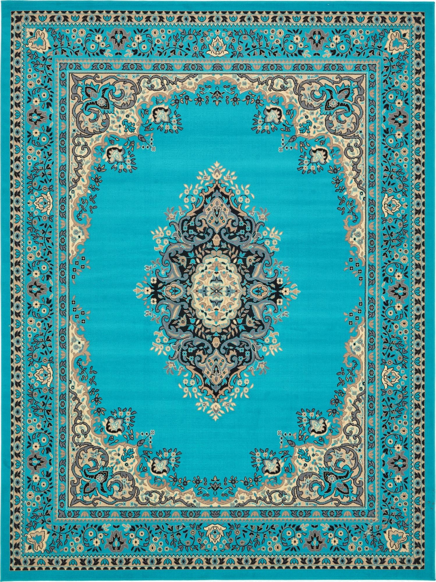 A 9x12 rectangular Amaya rug in vibrant blue, featuring a traditional oriental medallion design with intricate floral patterns in black, grey, and beige.