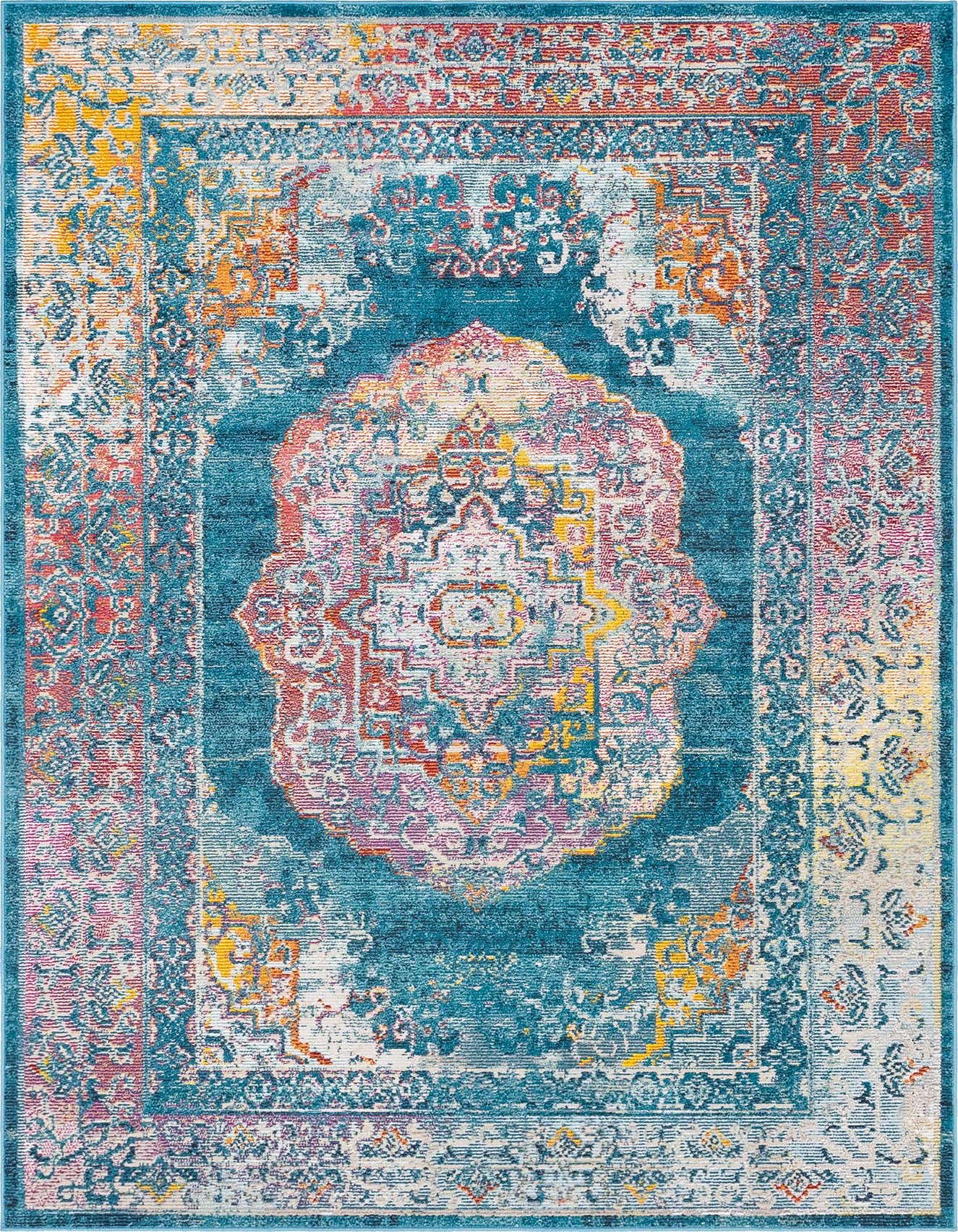 A 5x8 rectangular Amulet collection rug featuring a distressed blue background with a vibrant multi-color medallion and border.