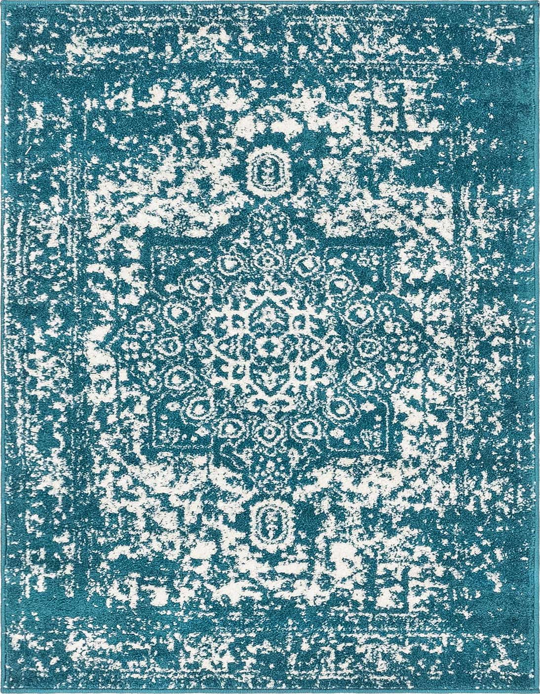A 3x5 rectangular blue and white distressed medallion rug with a traditional pattern, suitable for an entryway or kitchen.