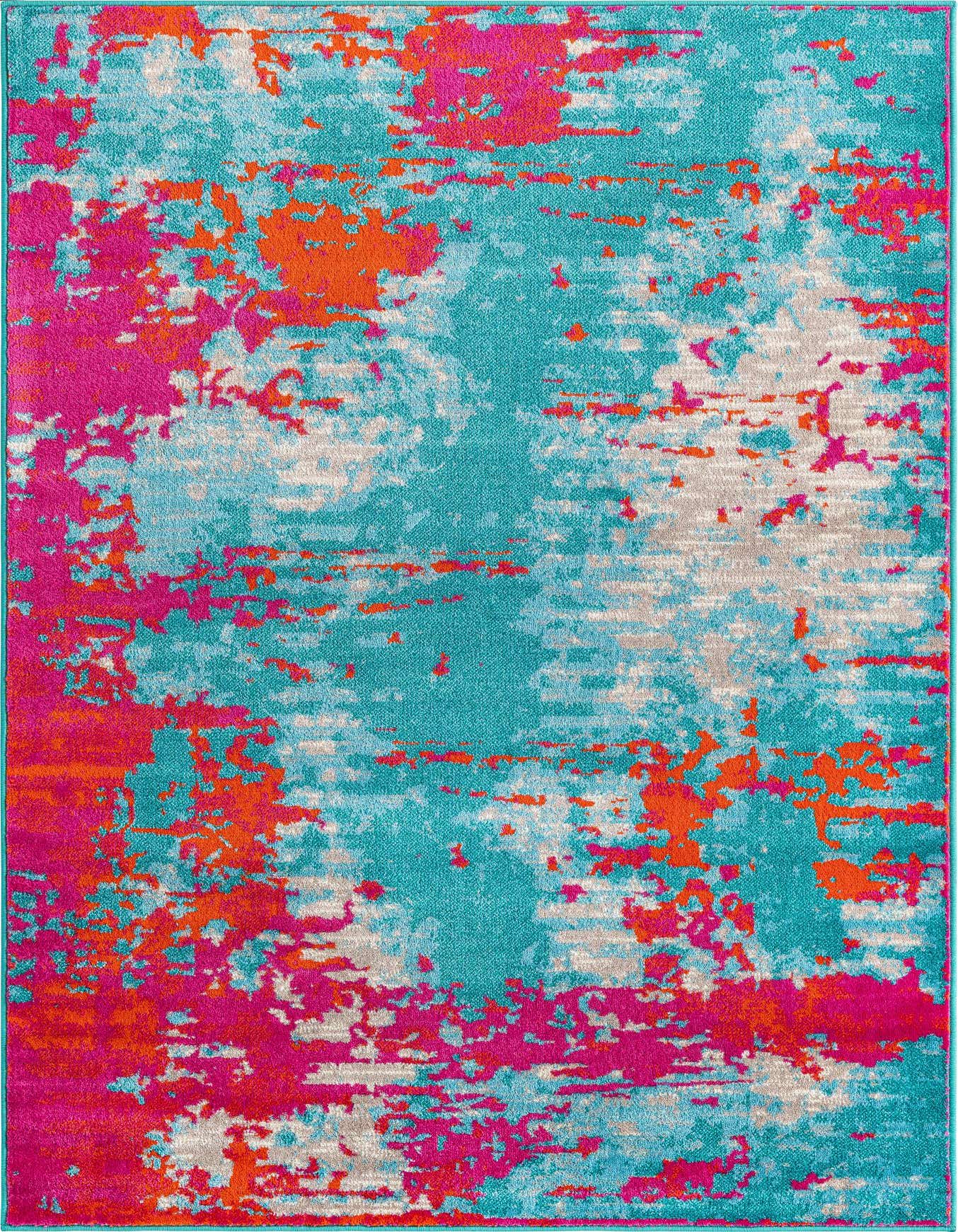A 5x8 rectangular Azalea rug featuring a modern abstract pattern in vibrant blues, fuchsia, orange, and hints of beige.