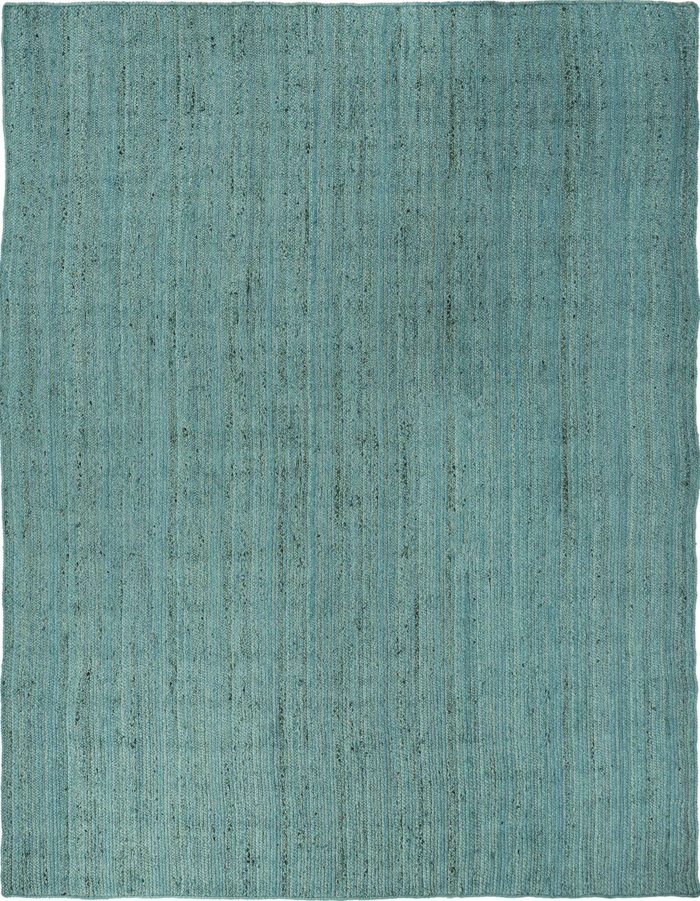 A large 10x14 rectangular blue jute rug with a textured, solid flatweave pattern, suitable for a living room or bedroom.
