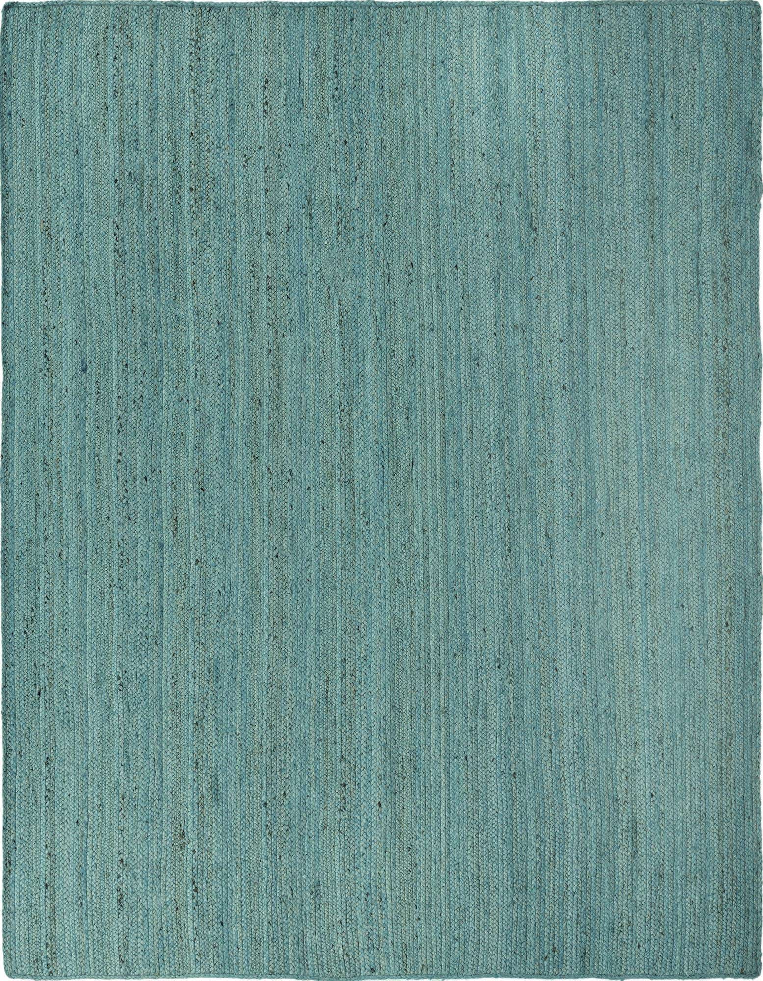 A rectangular 8x10 blue braided jute rug with a textured, flatweave surface, suitable for a living room.