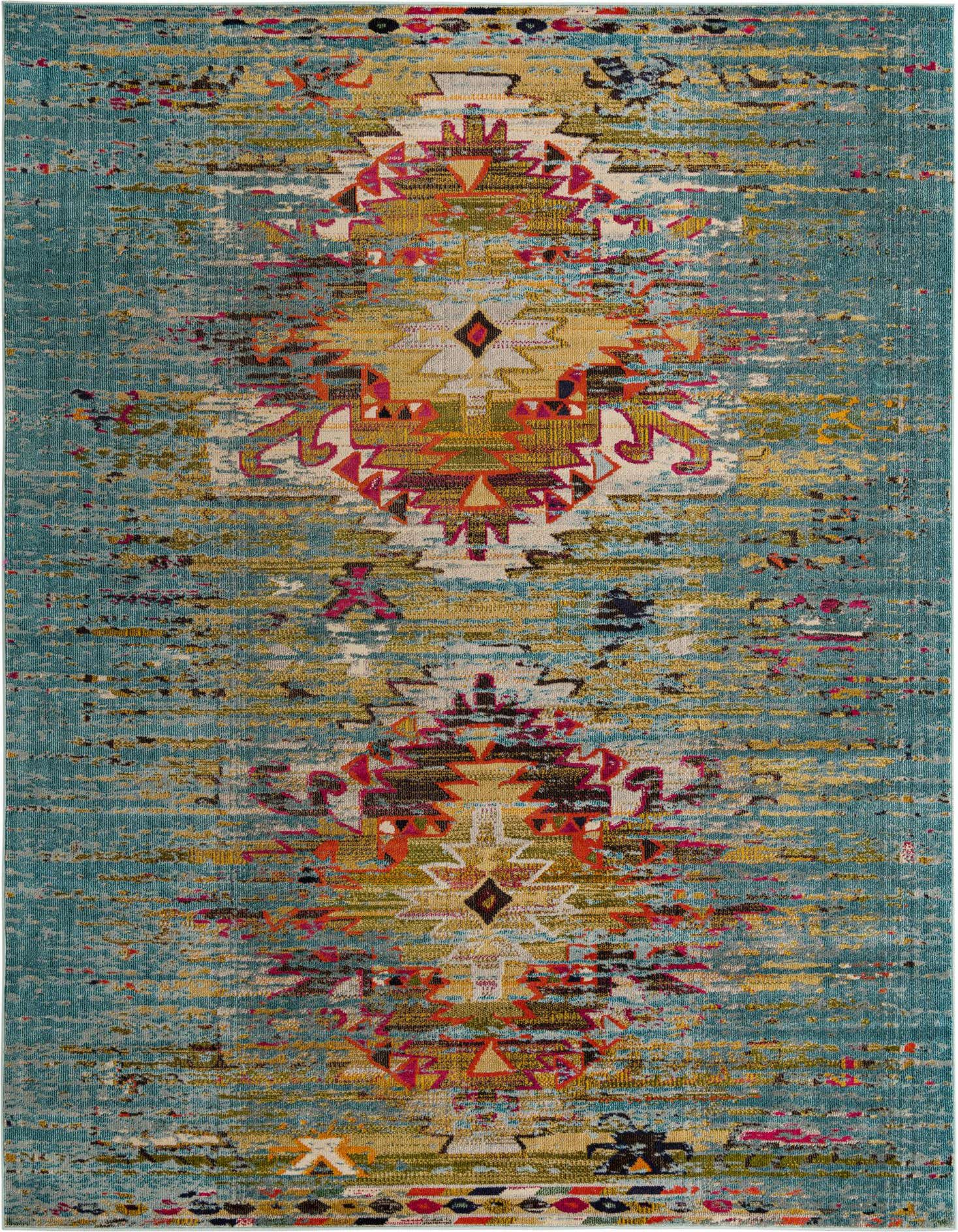A 9x12 rectangular bohemian rug with a distressed medallion pattern in blues, gold, orange, and pink.