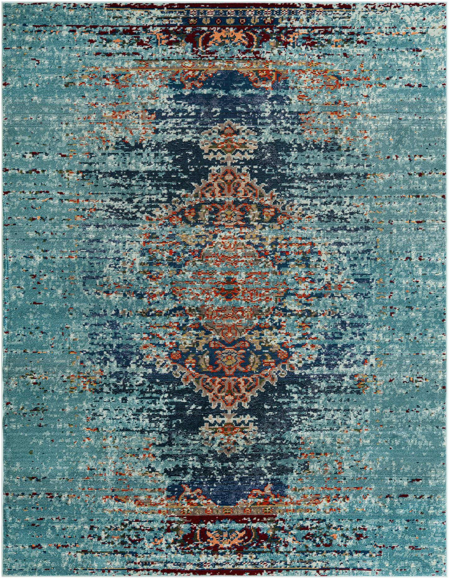 7x10 rectangular blue area rug with a distressed bohemian medallion pattern in shades of blue, orange, and red.