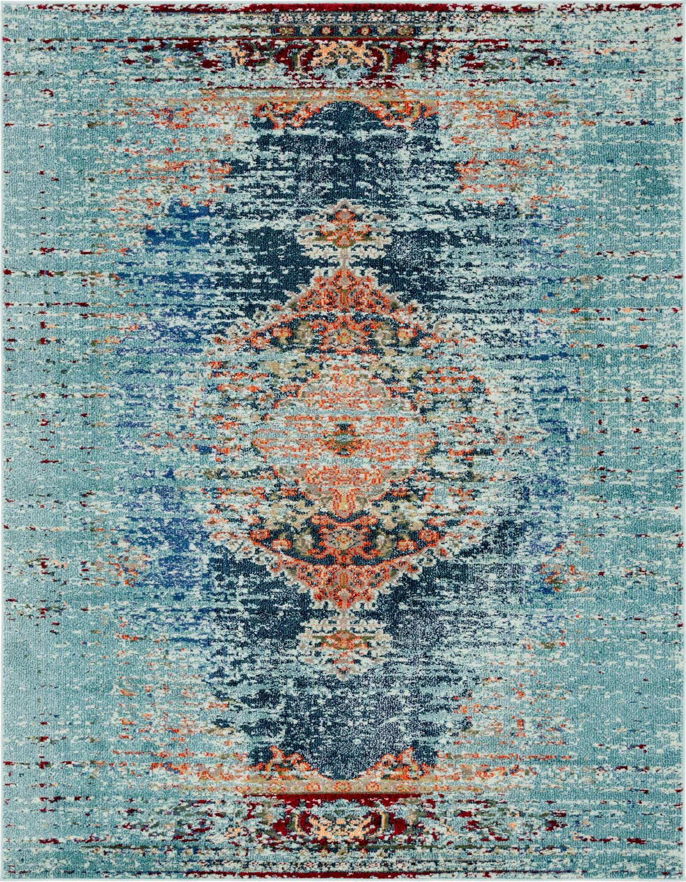 A 6x9 rectangular blue area rug featuring a distressed bohemian medallion pattern with hints of orange, red, and navy.