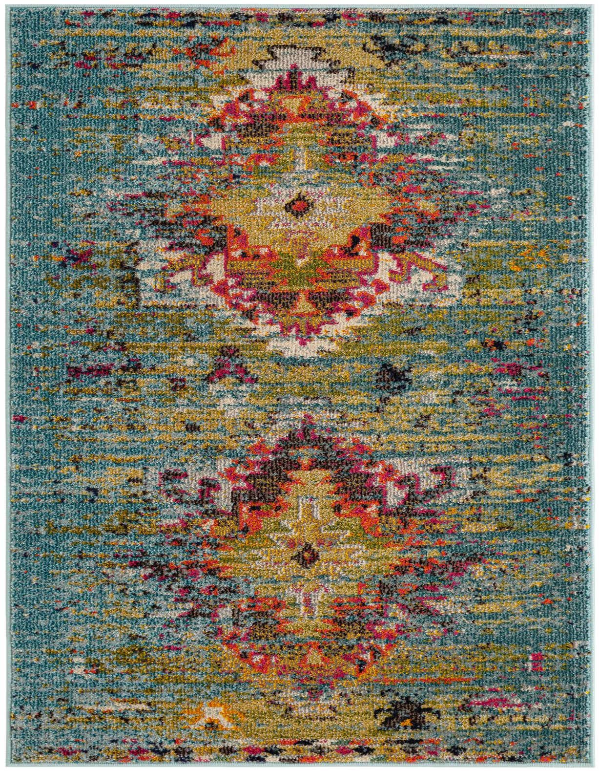 A 3x5 rectangular blue Bohemian rug with a distressed medallion pattern in vibrant orange, yellow, and pink, suitable for a kitchen or entryway.