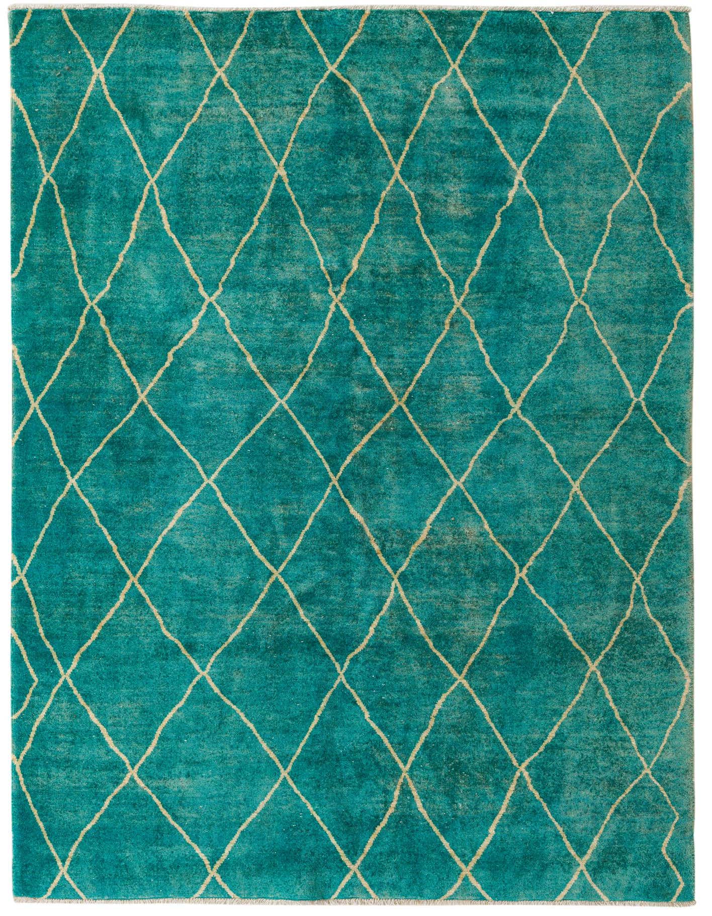 A 5x8 rectangular Darya rug in teal blue with an abstract cream diamond pattern, suitable for a living room.