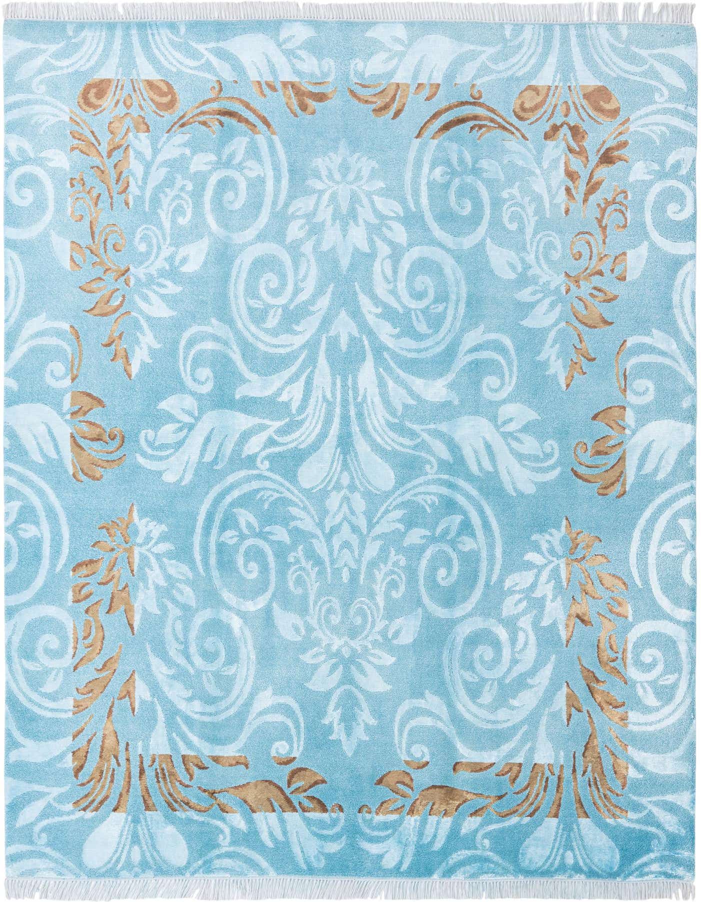 A 5x8 rectangular Darya rug in shades of blue with a modern floral and scroll pattern in light blue and gold.