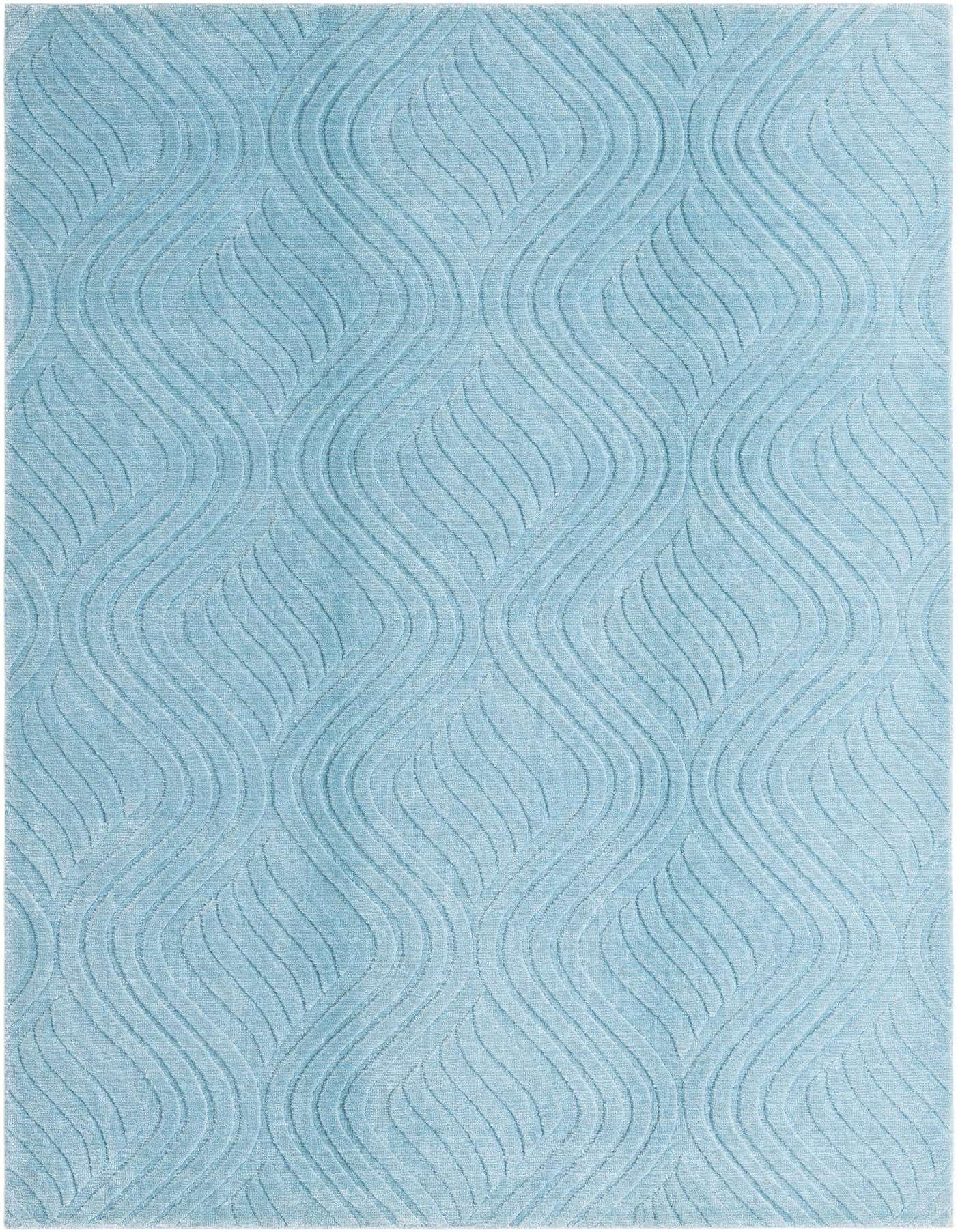 A 4x6 rectangular Darya rug in shades of blue, featuring a modern wavy Persian pattern and high pile.