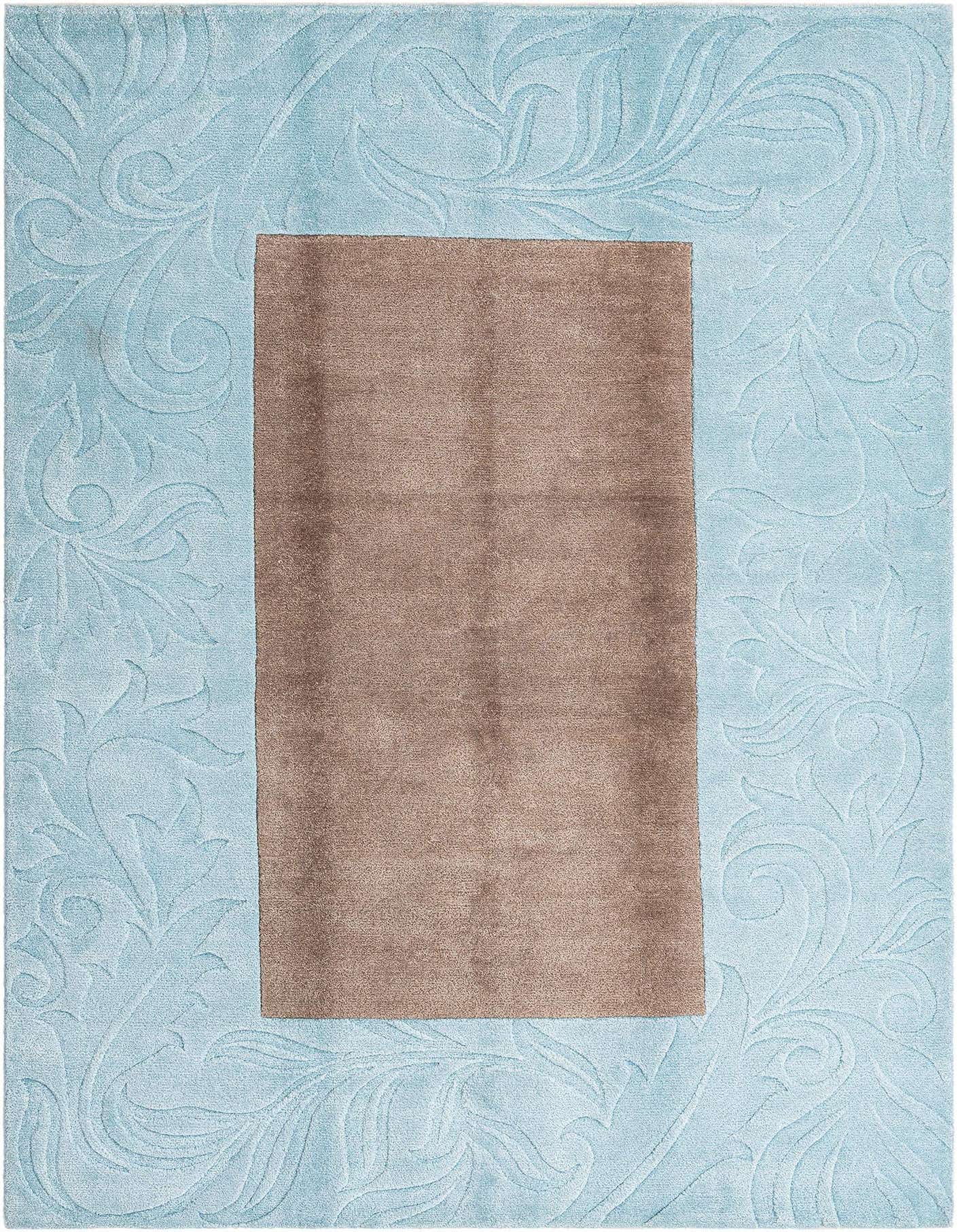 A 5x8 rectangular Darya rug with a light blue border featuring an embossed Persian floral pattern and a solid brown center.