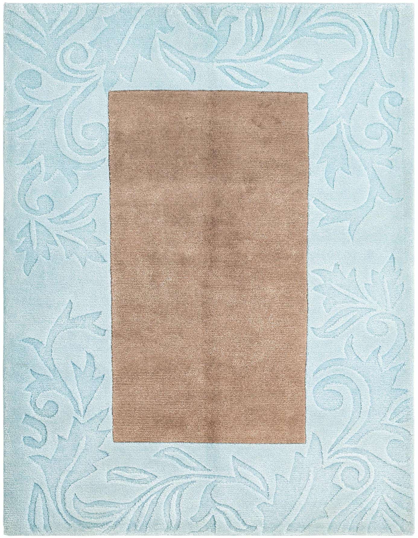 A 4x6 rectangular blue and brown rug with a raised floral border pattern, ideal for a living room.