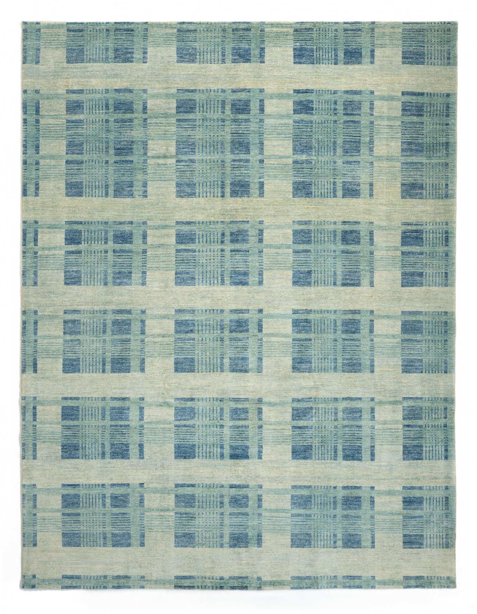 A rectangular 8x10 blue Persian wool rug featuring a plaid pattern with varying shades of blue and light blue.