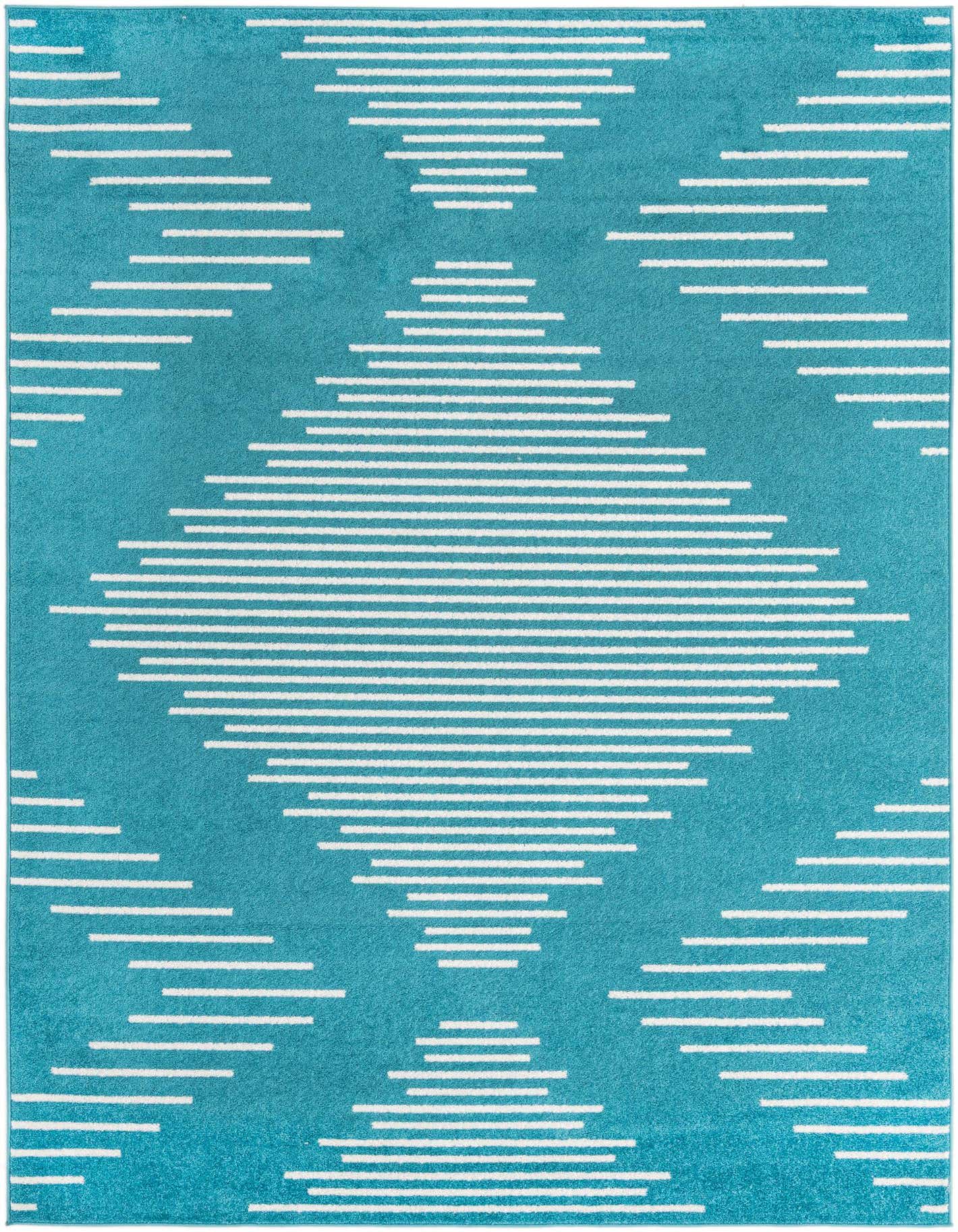 A 7x10 rectangular Kai rug from Rugs.com, featuring a modern geometric pattern of white horizontal stripes forming diamonds on a vibrant blue background.