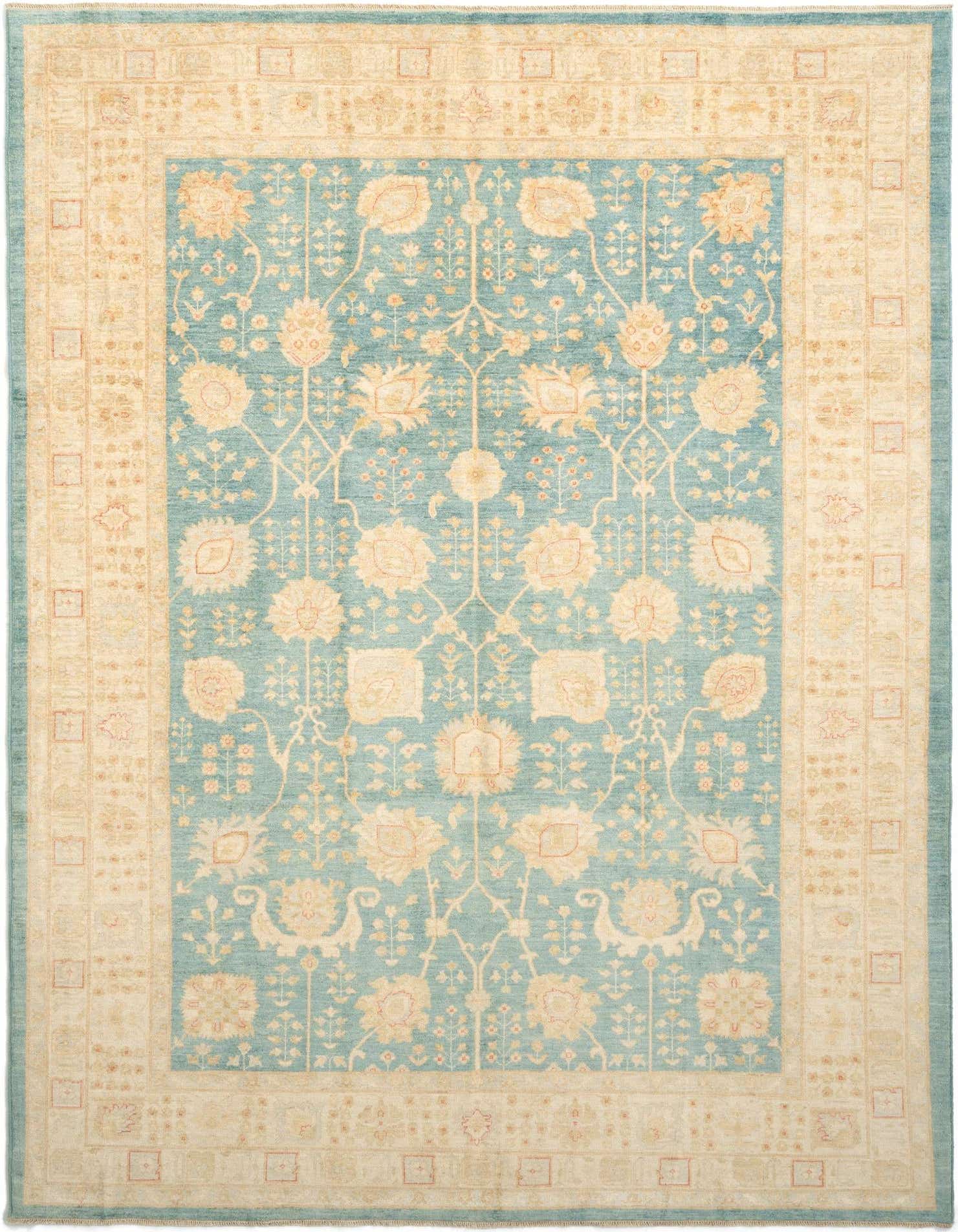 An 8x11 rectangular Persian rug featuring a light blue field with intricate cream and light orange floral patterns, framed by a wide cream border with geometric and floral motifs.