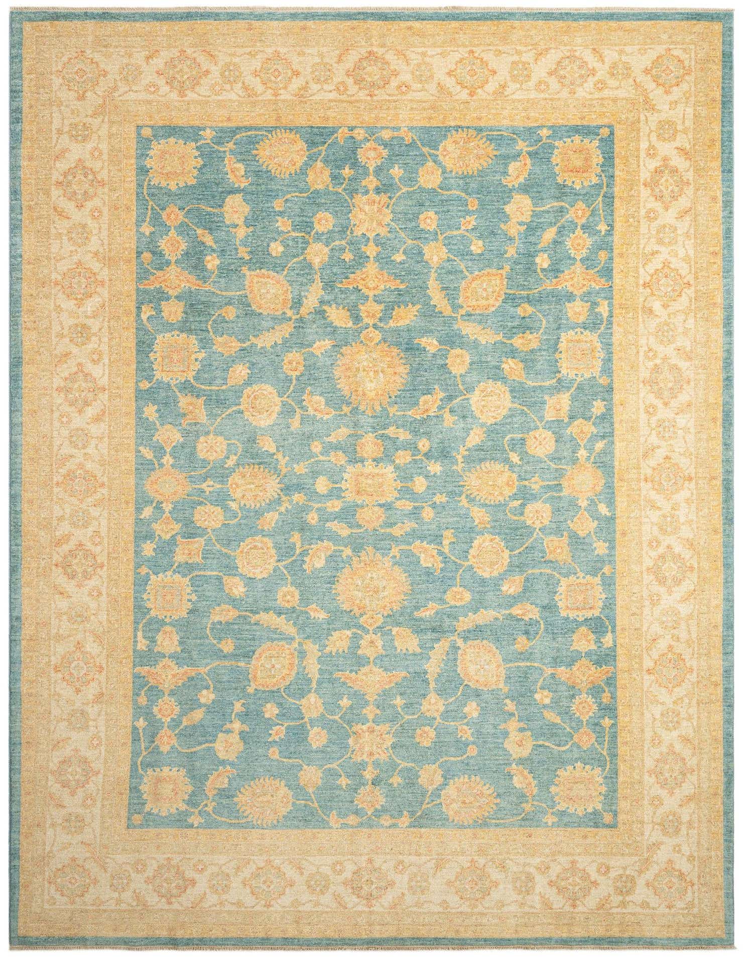 A 9x12 rectangular Persian rug with a light blue field and intricate gold floral patterns, framed by a wide gold border with complementary motifs.