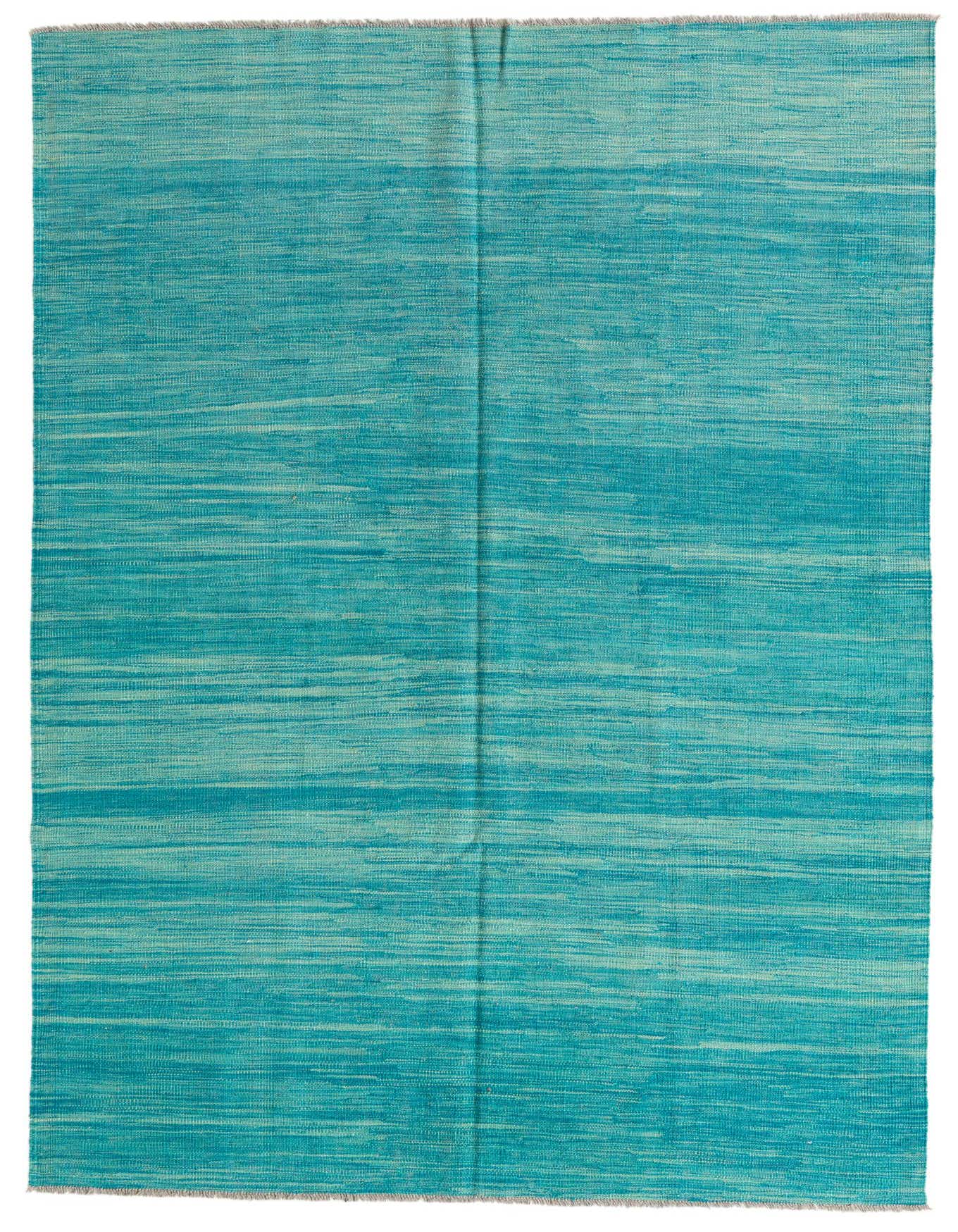 A 5x8 rectangular Kilim Modern rug from Rugs.com, featuring varying shades of blue in a flatweave texture.
