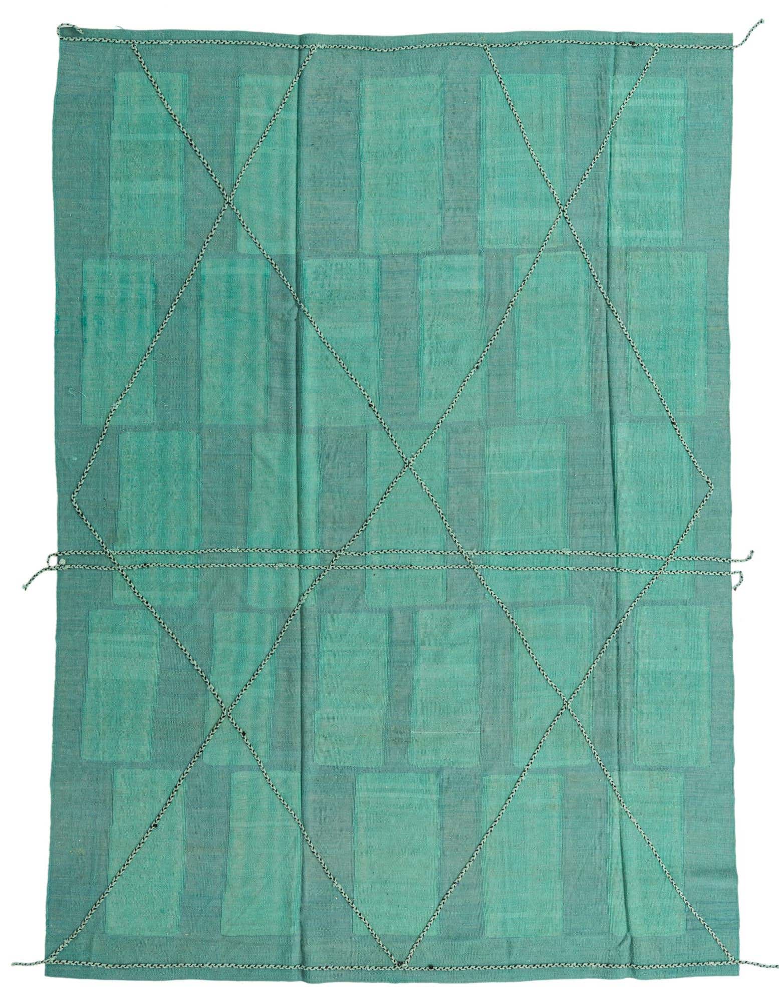 An 8x11 rectangular Kilim Modern wool rug in varying shades of blue, featuring a subtle striped pattern and a textured, flatweave construction.