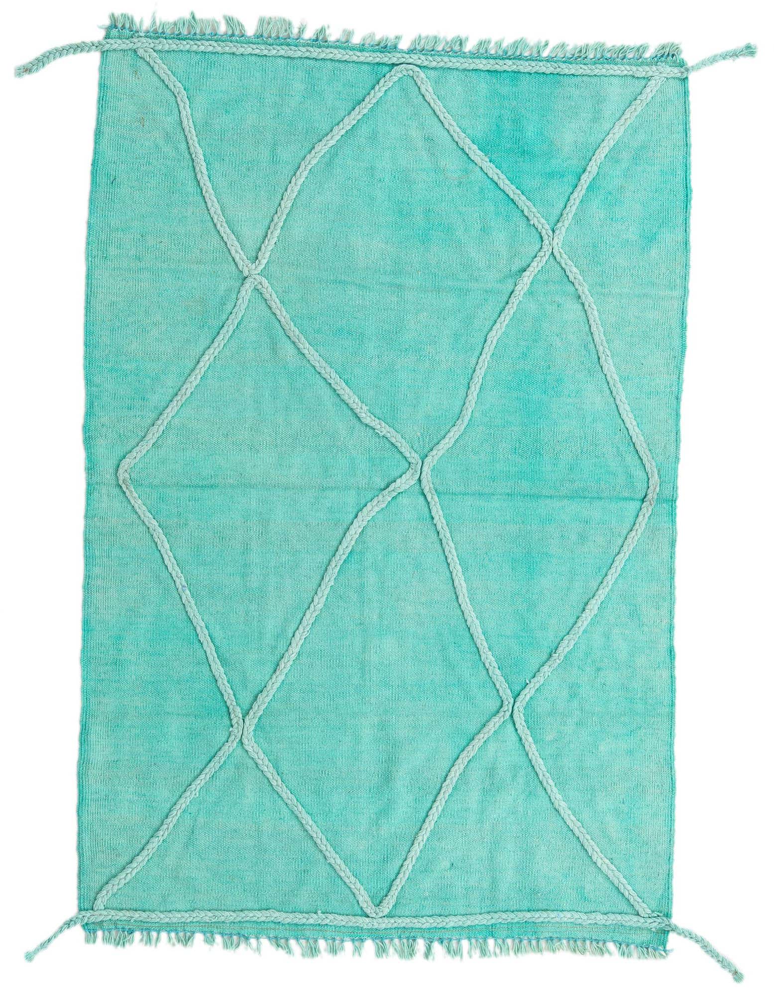 A 3x5 rectangular blue tribal flatweave rug with a textured diamond pattern and fringed edges.