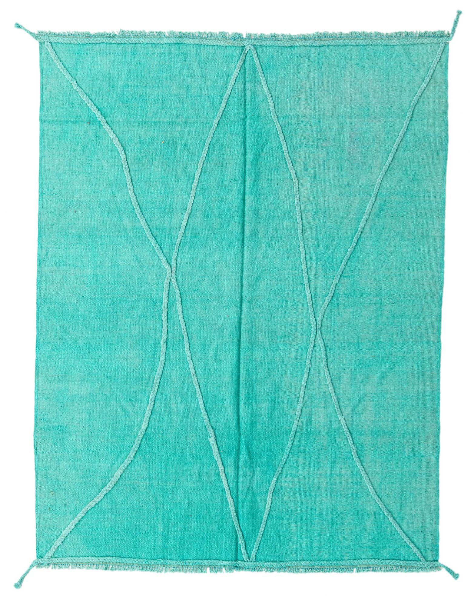 A 5x8 rectangular blue flatweave rug with a subtle textured tribal diamond pattern and fringed edges.