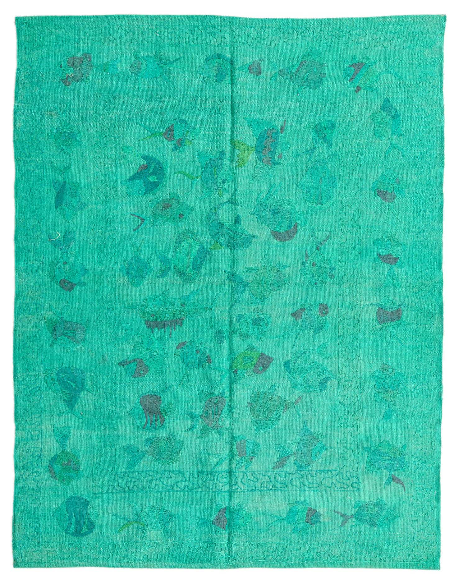 A 4x6 rectangular blue Kilim Suzani wool rug with a vibrant tribal fish pattern, ideal for a living room.