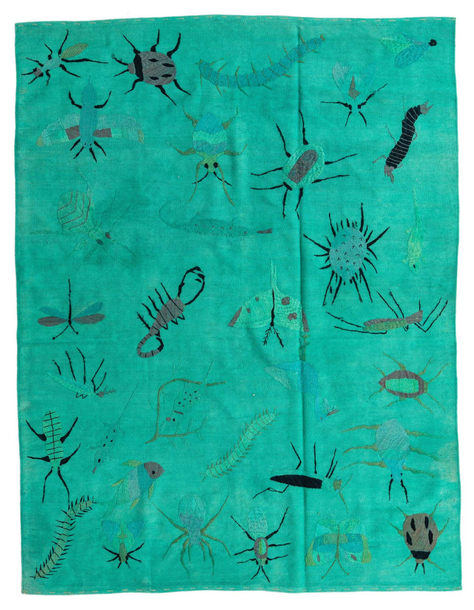 A 5x8 rectangular blue wool rug with various colorful insect and bug motifs in a modern tribal style.