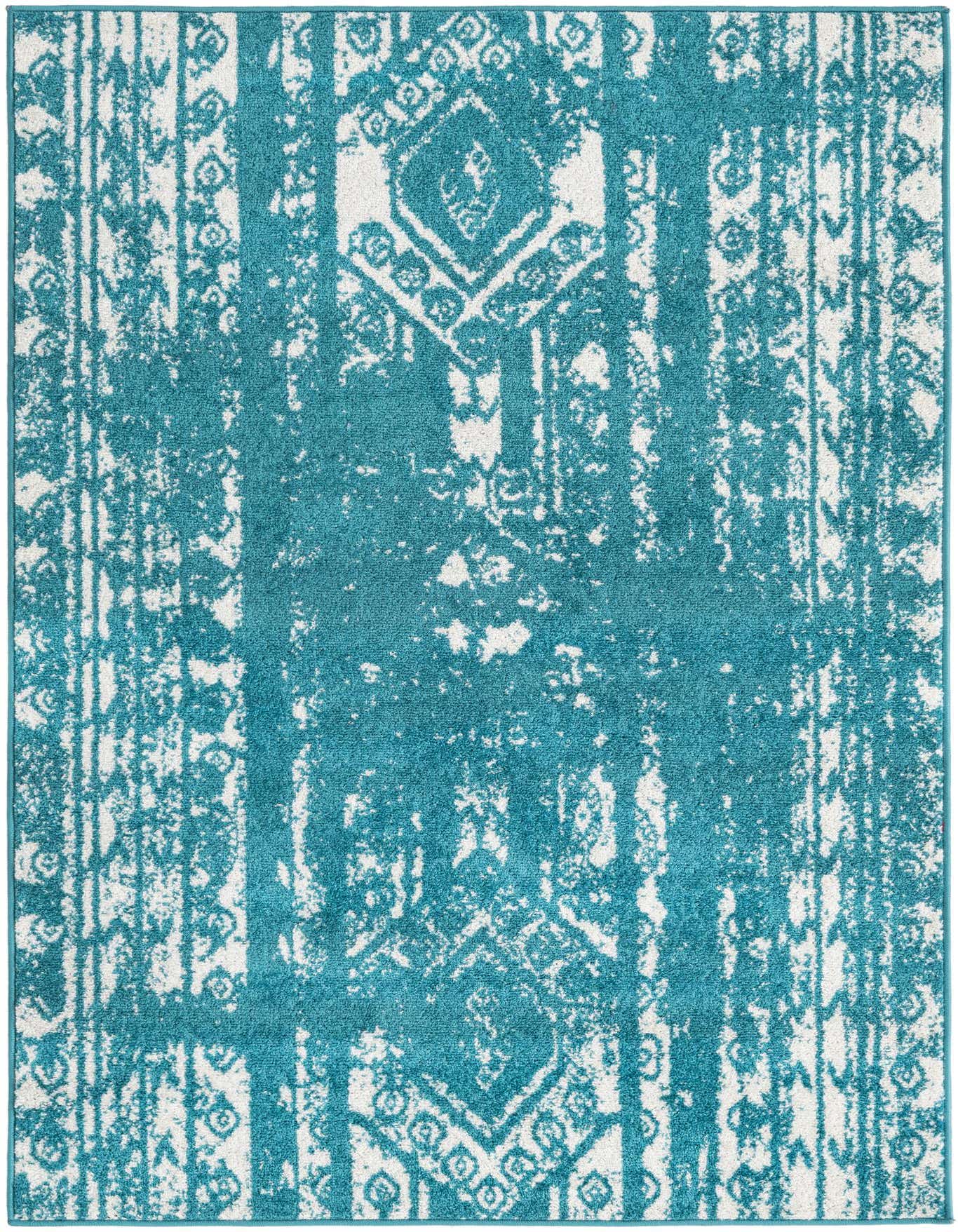 A 4x6 rectangular blue and white Southwestern rug with a distressed tribal pattern, ideal for a living room.
