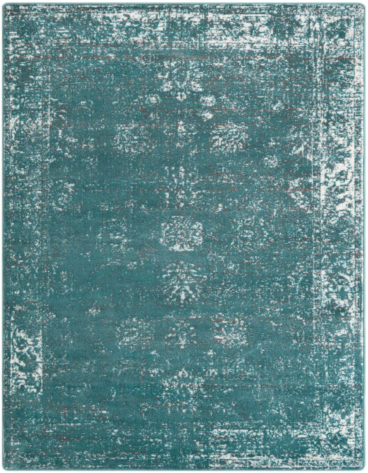 A 5x8 rectangular Monte Carlo rug in distressed teal blue with a faded traditional pattern and white accents.