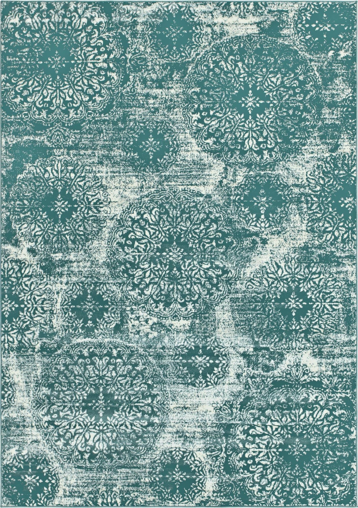 A 7x10 rectangular Monte Carlo rug featuring a distressed teal blue background with faded white traditional floral medallions.