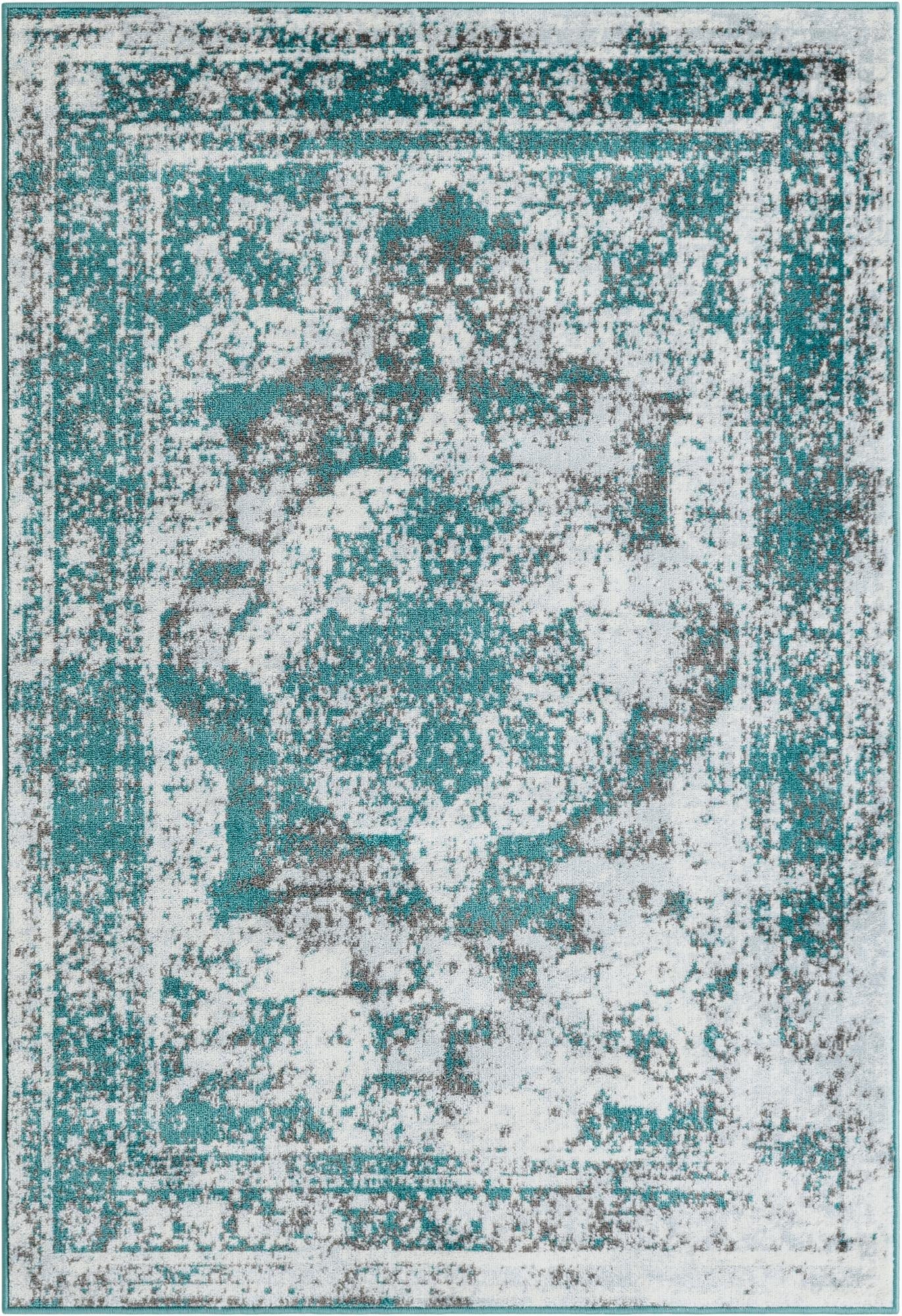 A 4x6 rectangular Monte Carlo rug featuring a distressed bohemian medallion pattern in shades of blue, grey, and white.