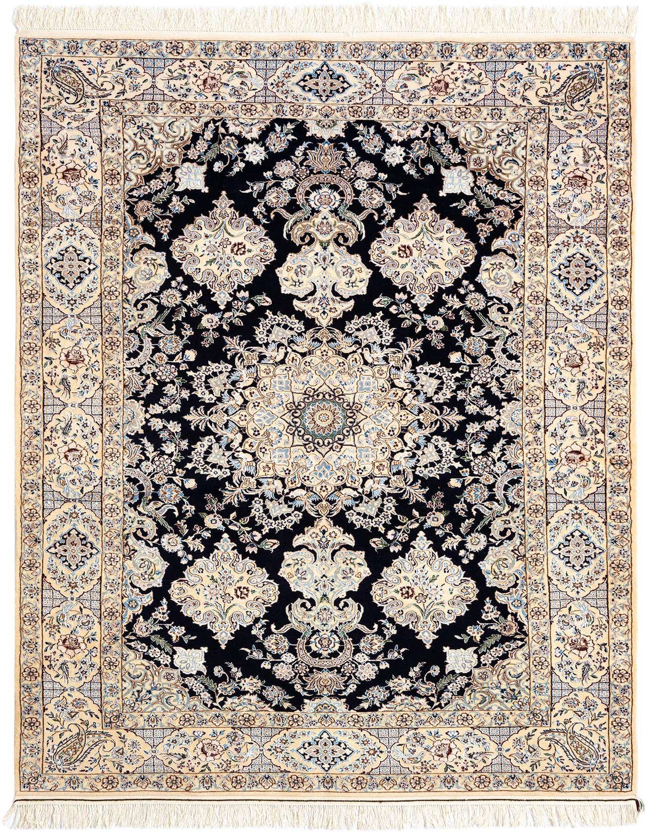 A rectangular 5x8 Persian rug with a dark blue field and intricate cream, light blue, and brown floral patterns, featuring a detailed border.