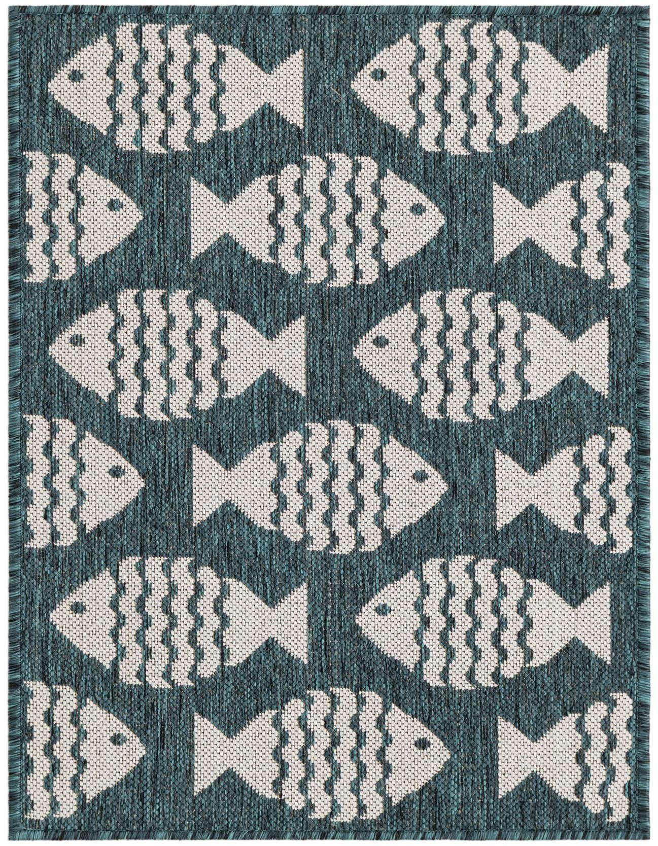 A 2x3 rectangular Rugs.com Outdoor Coastal rug featuring a repeating pattern of white fish on a textured blue background, ideal for a patio or entryway.