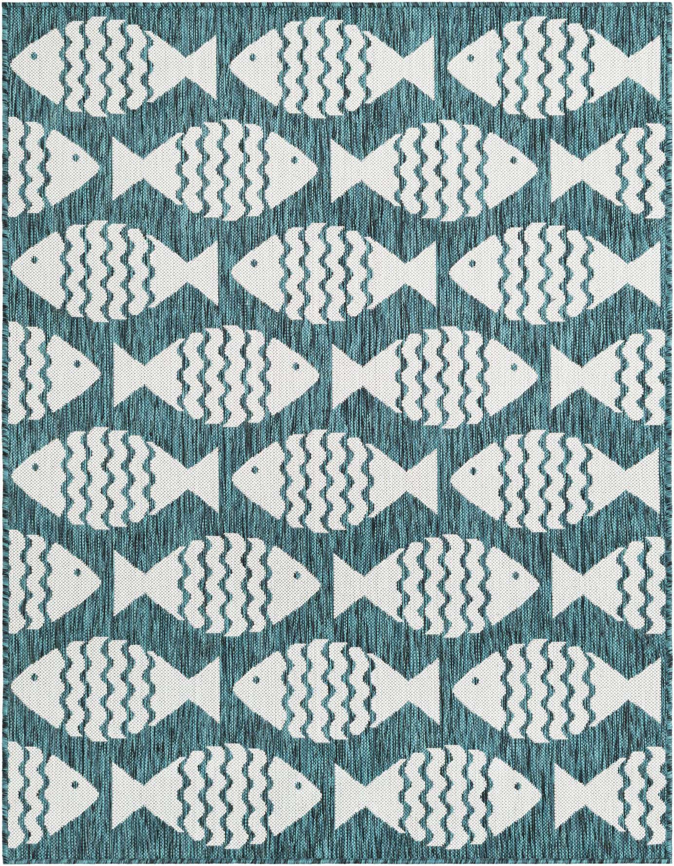 A 4x6 rectangular blue and white coastal rug featuring a repeating pattern of stylized white fish on a textured blue background, suitable for indoor or outdoor use.