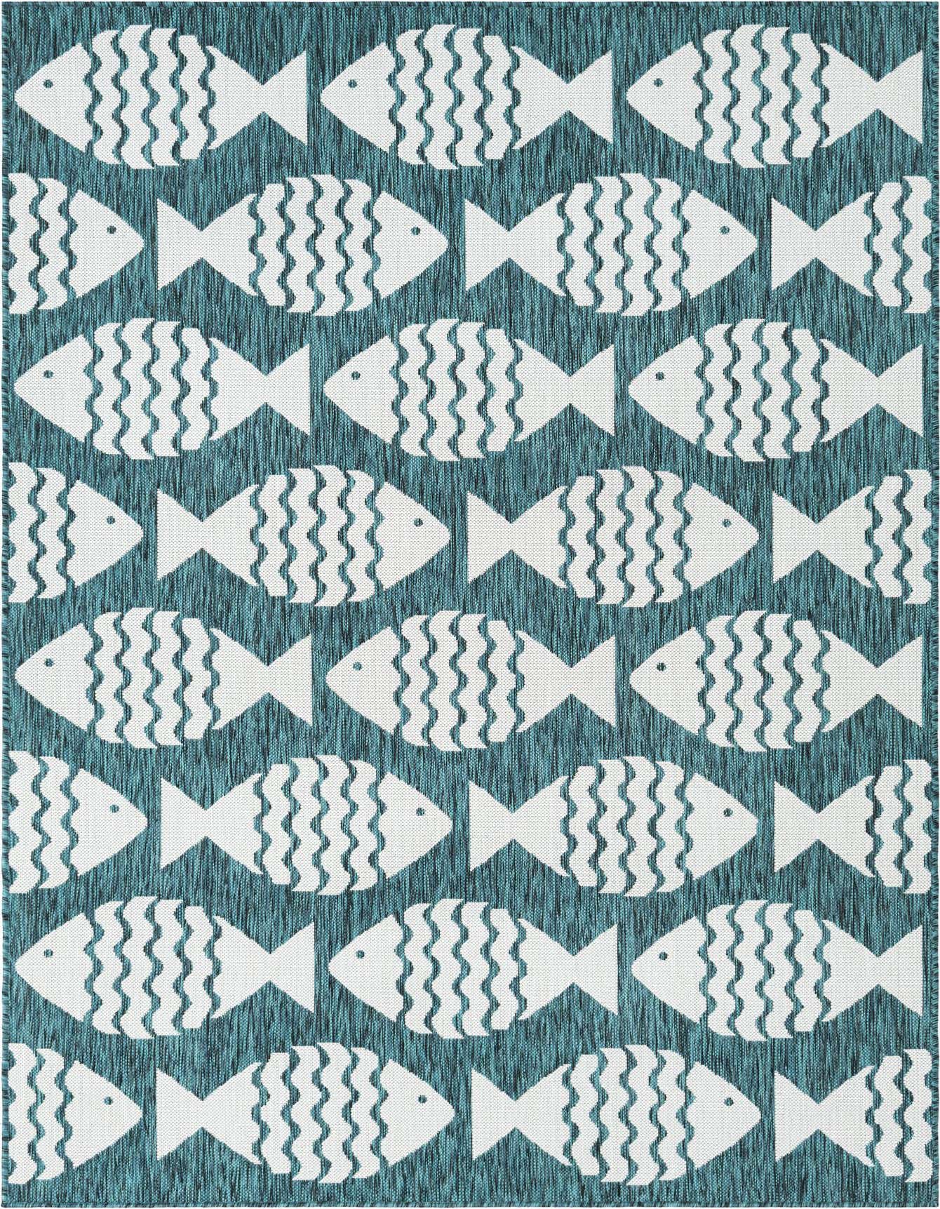 A 5x8 rectangular blue indoor/outdoor rug with a repeating pattern of white, stylized fish, ideal for a patio or living room.