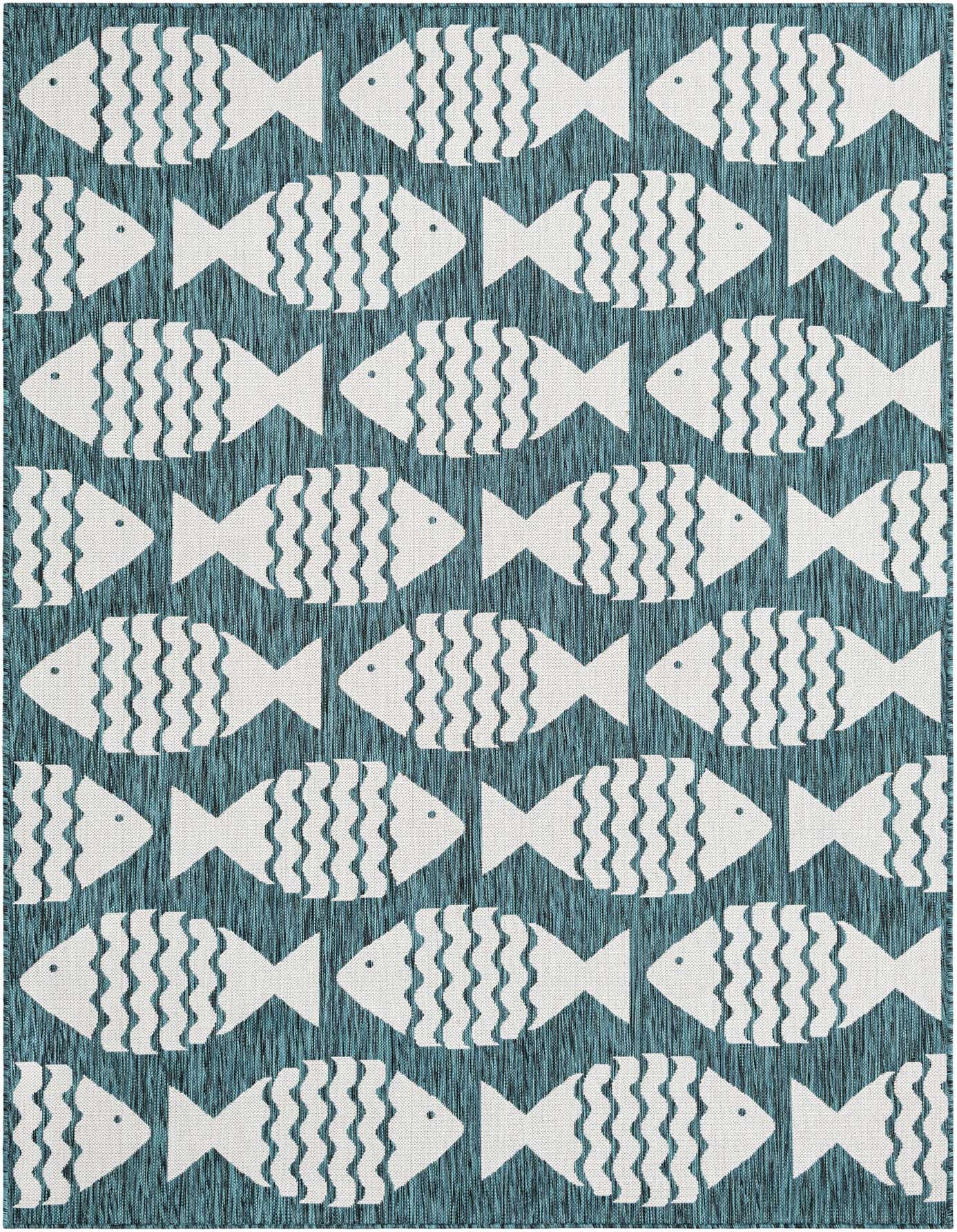 A 6x9 rectangular blue and white indoor/outdoor rug featuring a repeating pattern of stylized white fish with wavy details on a textured blue background.