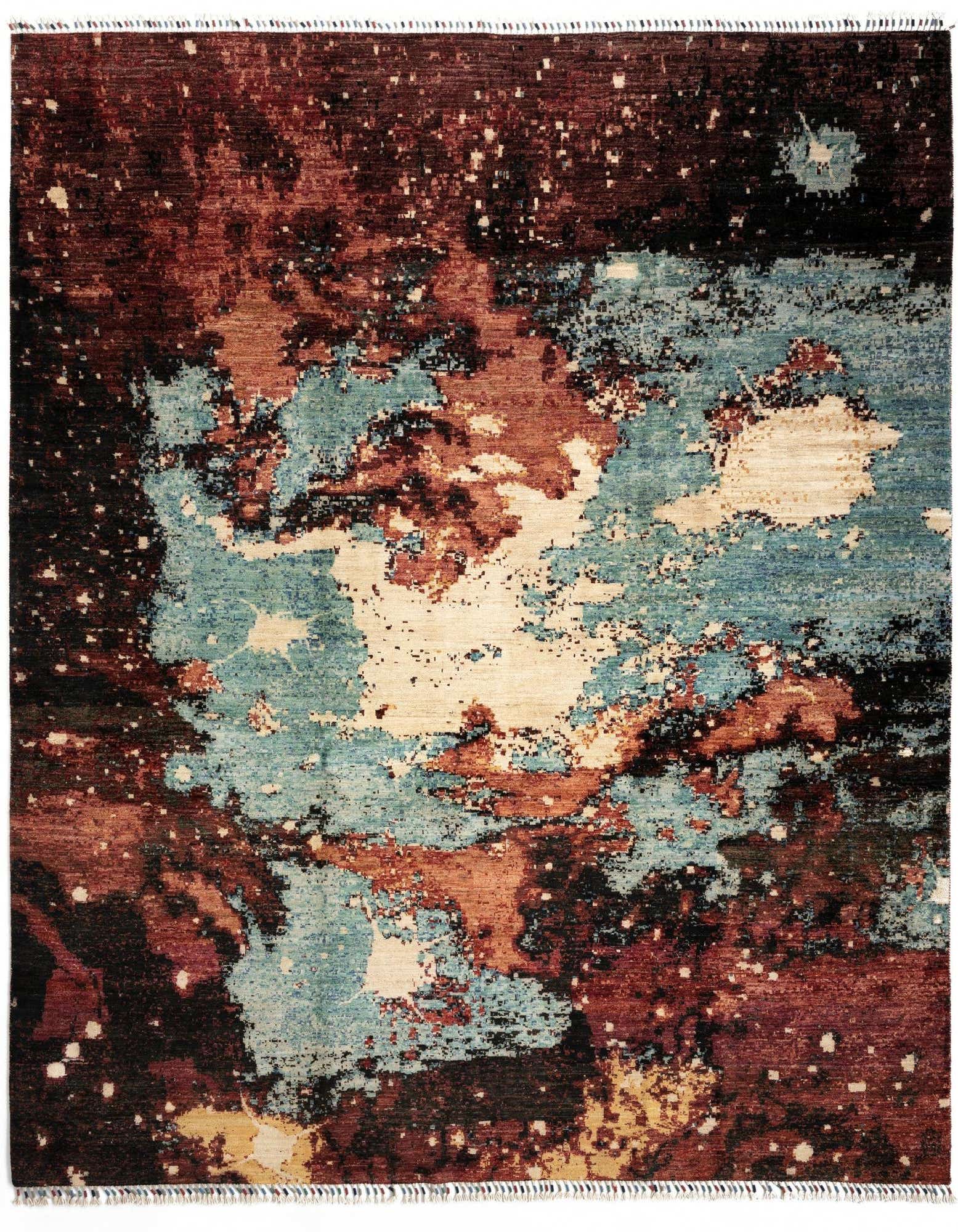 A rectangular 8x10 Rubin Collection rug with an abstract Persian pattern in blues, browns, and cream, featuring a medium pile.