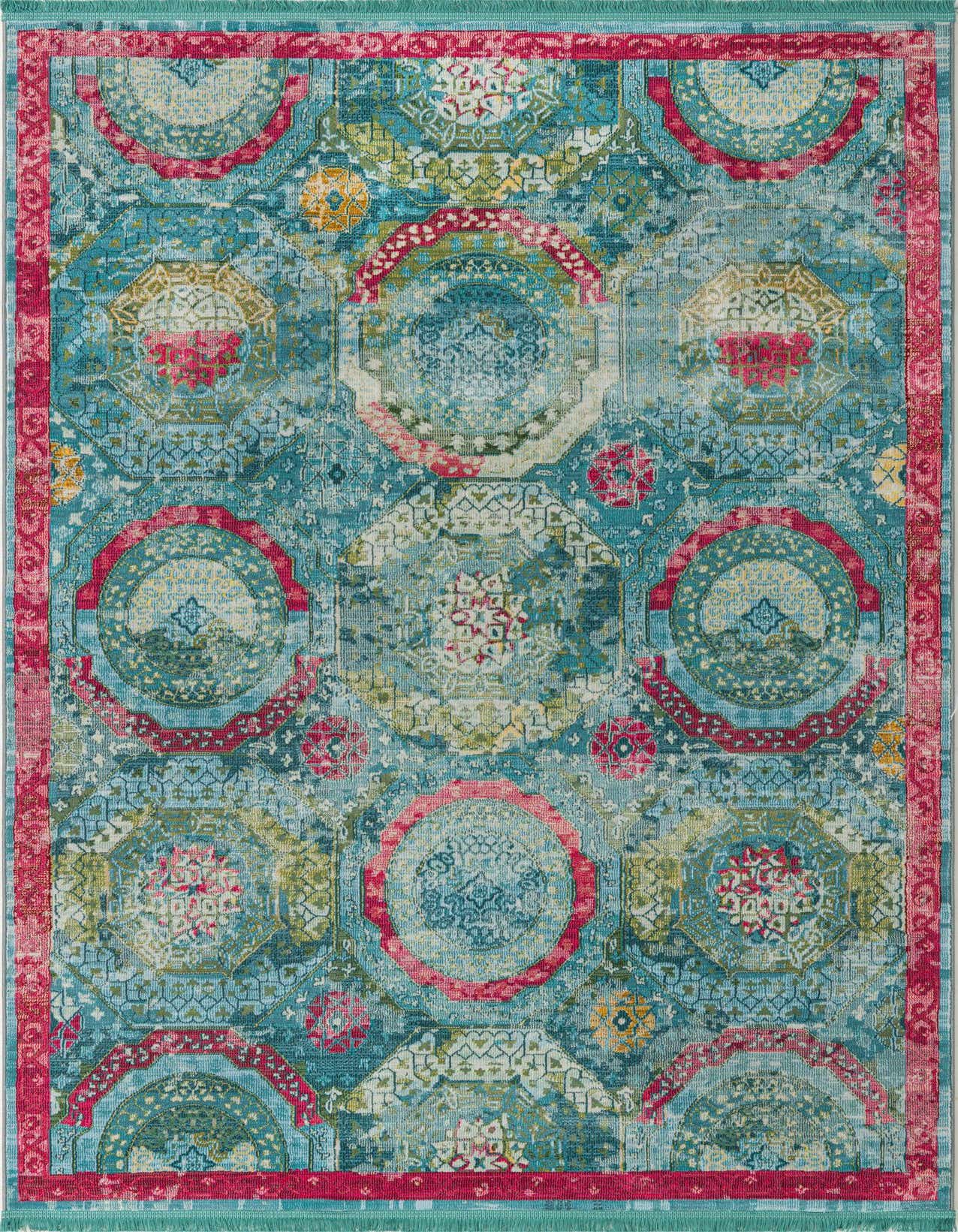 A 5x8 rectangular Santiago rug featuring a distressed bohemian medallion pattern in shades of blue, pink, and yellow.