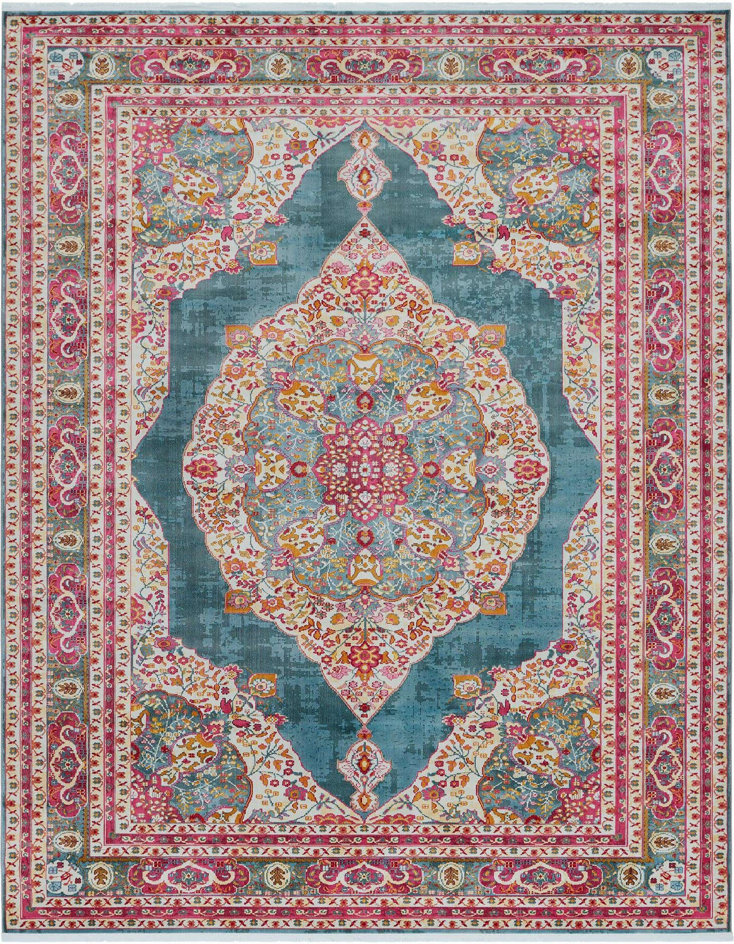 A large 10x13 rectangular Santiago rug featuring a central medallion in blue, pink, and orange, with a distressed traditional pattern.