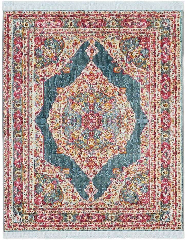 A 2x3 rectangular Santiago rug featuring a distressed blue medallion with intricate bohemian and traditional patterns in red, orange, and cream.