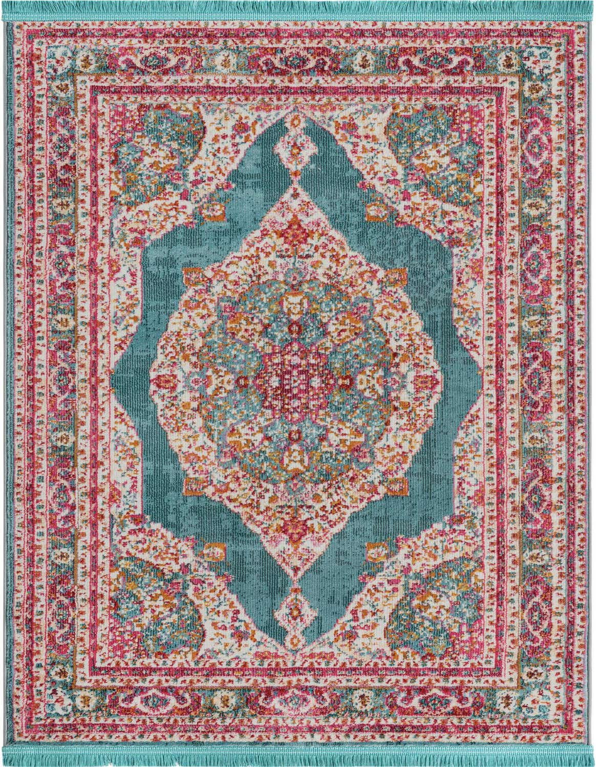 A 3x5 rectangular blue area rug with a vibrant bohemian medallion pattern in shades of pink, orange, and white.